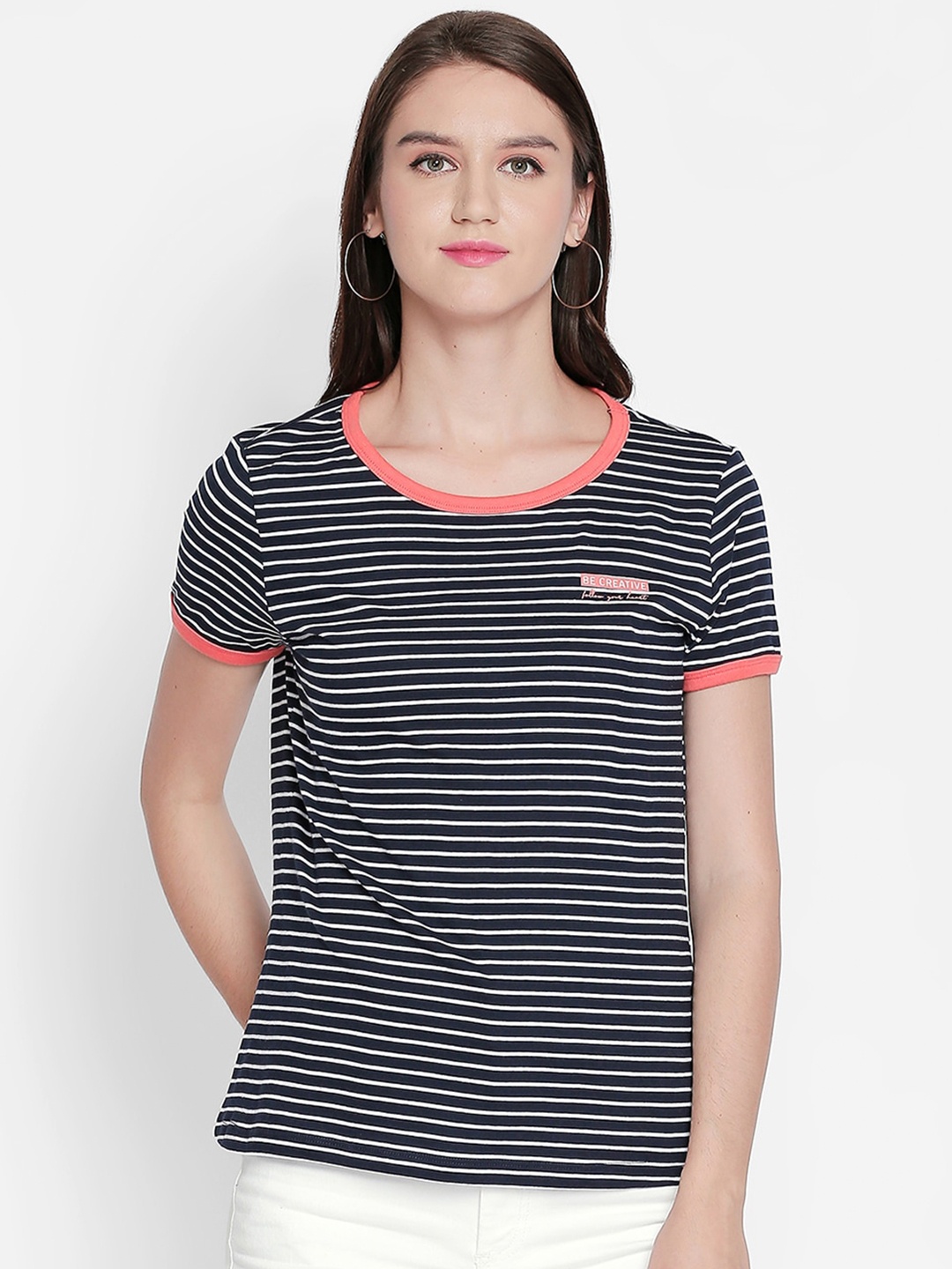 

Honey by Pantaloons Women Navy Blue and Pink Striped T-shirt