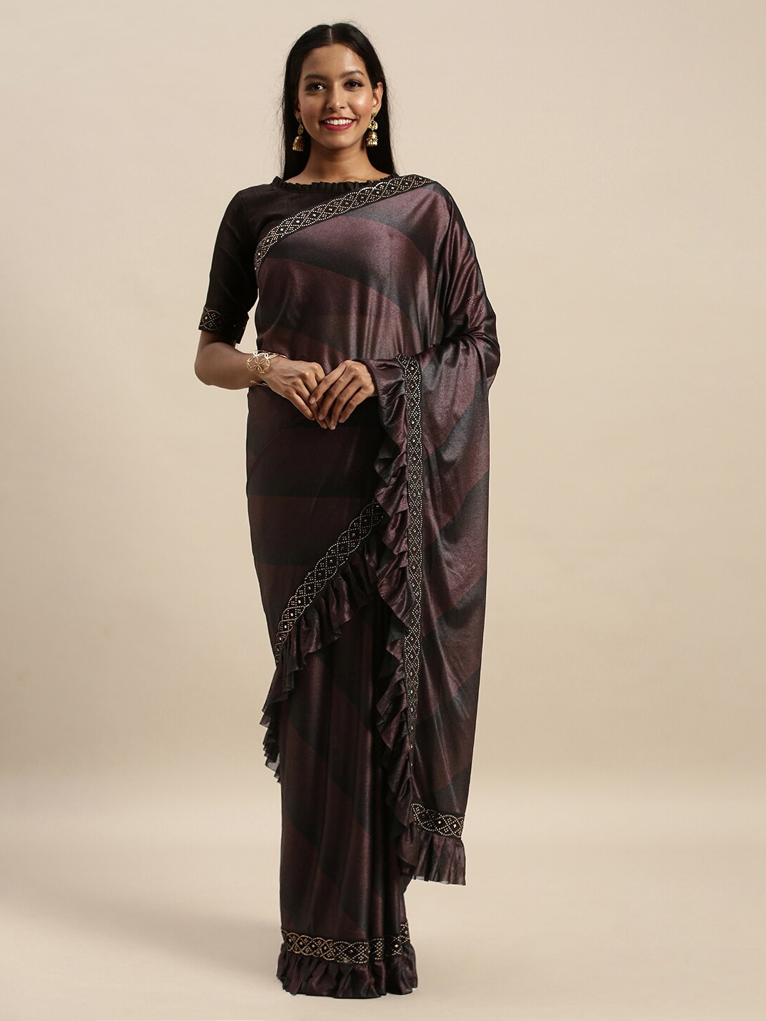 

Amrutam Fab Maroon & Black Striped Beads and Stones Silk Blend Saree