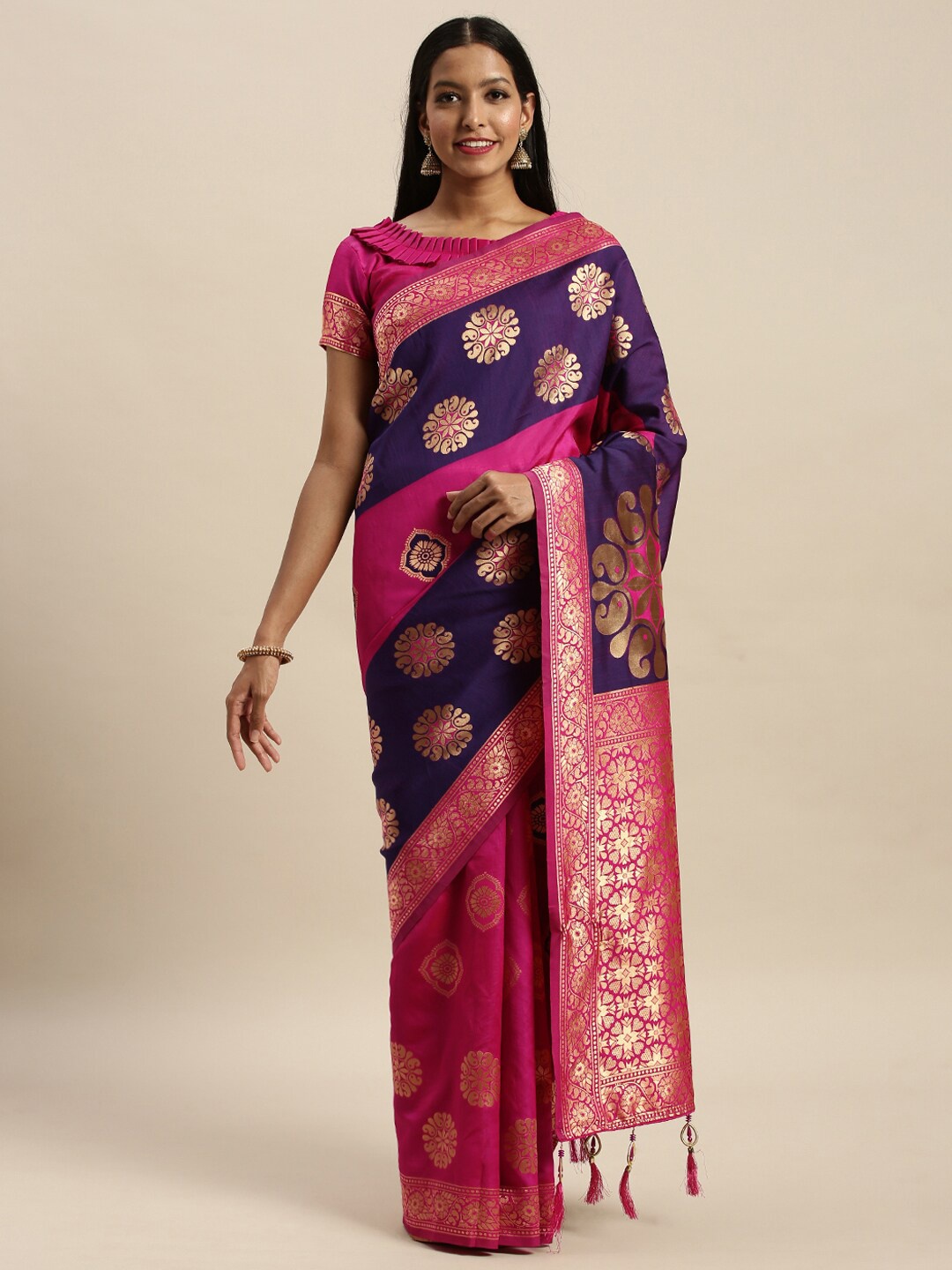 

Amrutam Fab Pink & Navy Blue Ethnic Motifs Zari Silk Blend Banarasi Saree