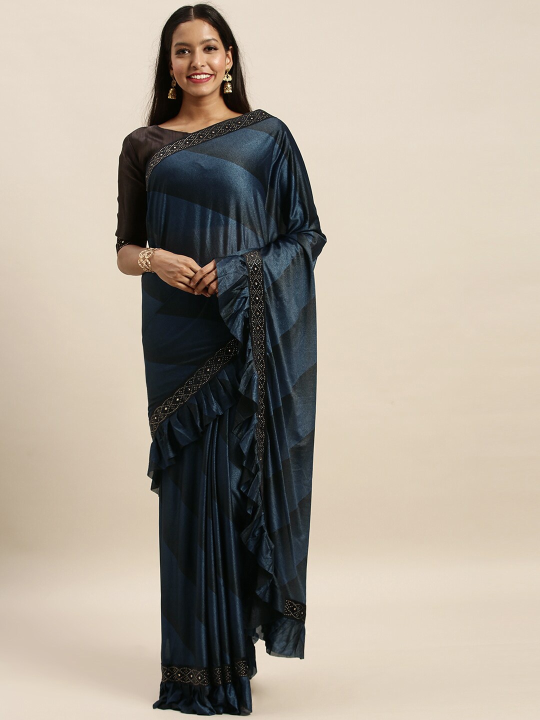 

Amrutam Fab Navy Blue & Black Beads and Stones Silk Blend Block Print Saree