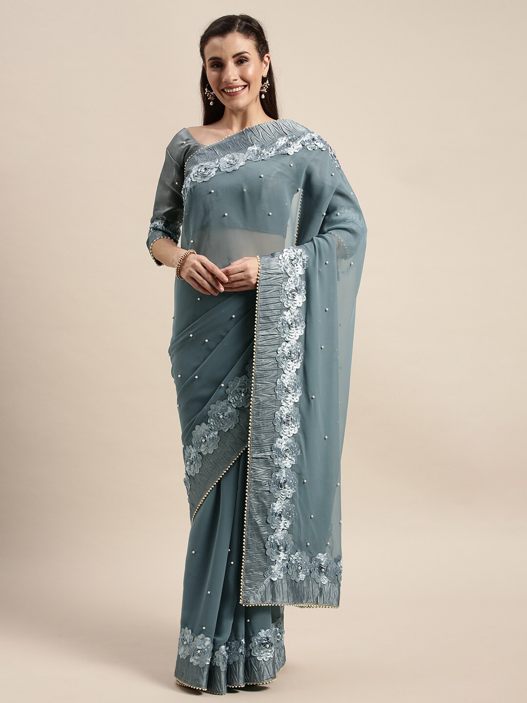 

Amrutam Fab Grey & White Embellished Pure Georgette Saree