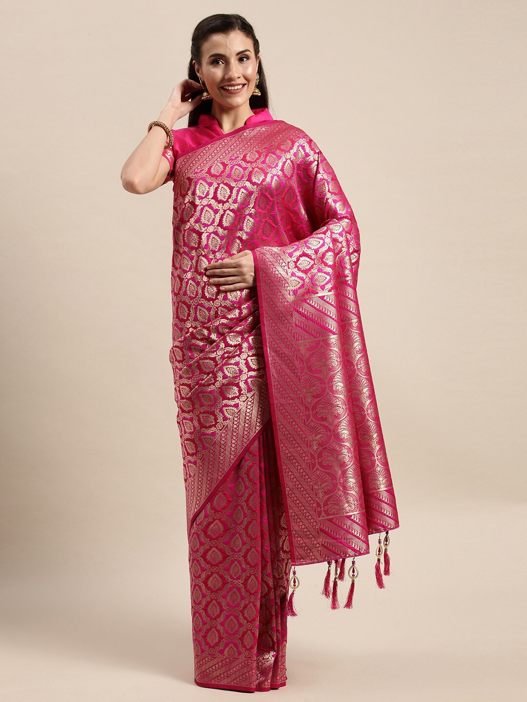 

Amrutam Fab Pink Woven Design Silk Blend Banarasi Saree