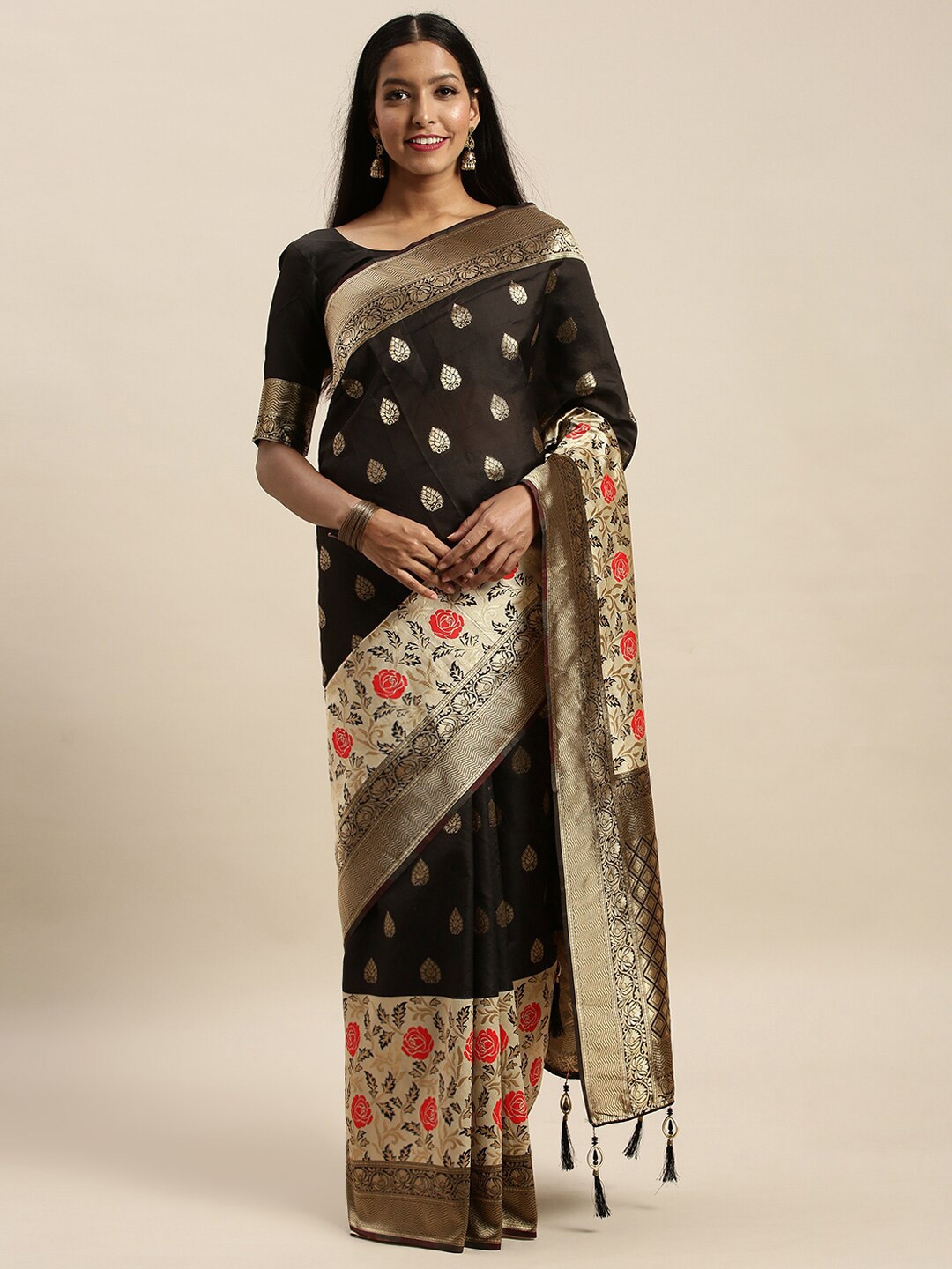 

Amrutam Fab Black & Gold-Toned Woven Design Zari Silk Blend Banarasi Saree