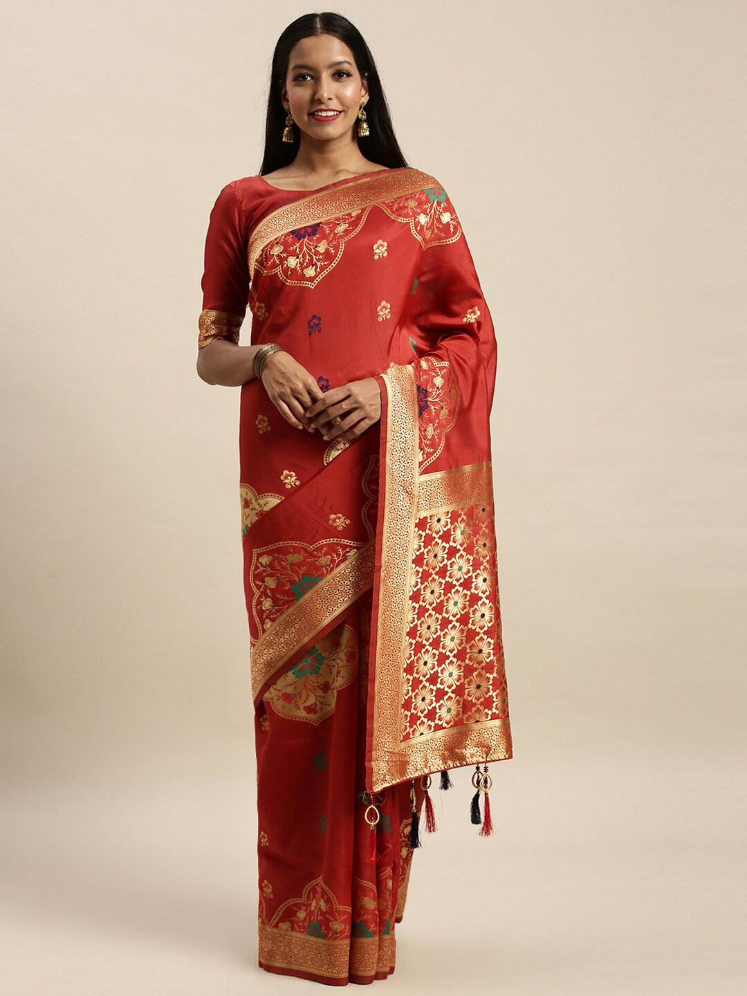 

Amrutam Fab Red & Blue Woven Design Silk Blend Banarasi Saree