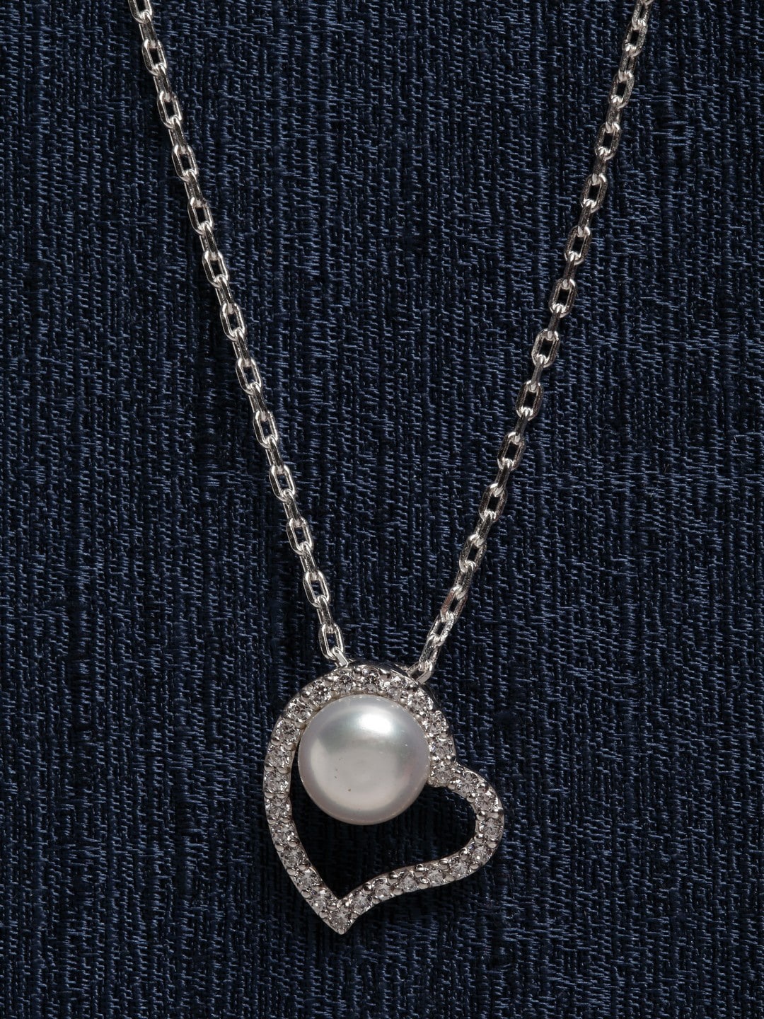 

Clara Rhodium-Plated Silver-Toned & White Pearl-Studded Heart-Shaped Pendant With Chain