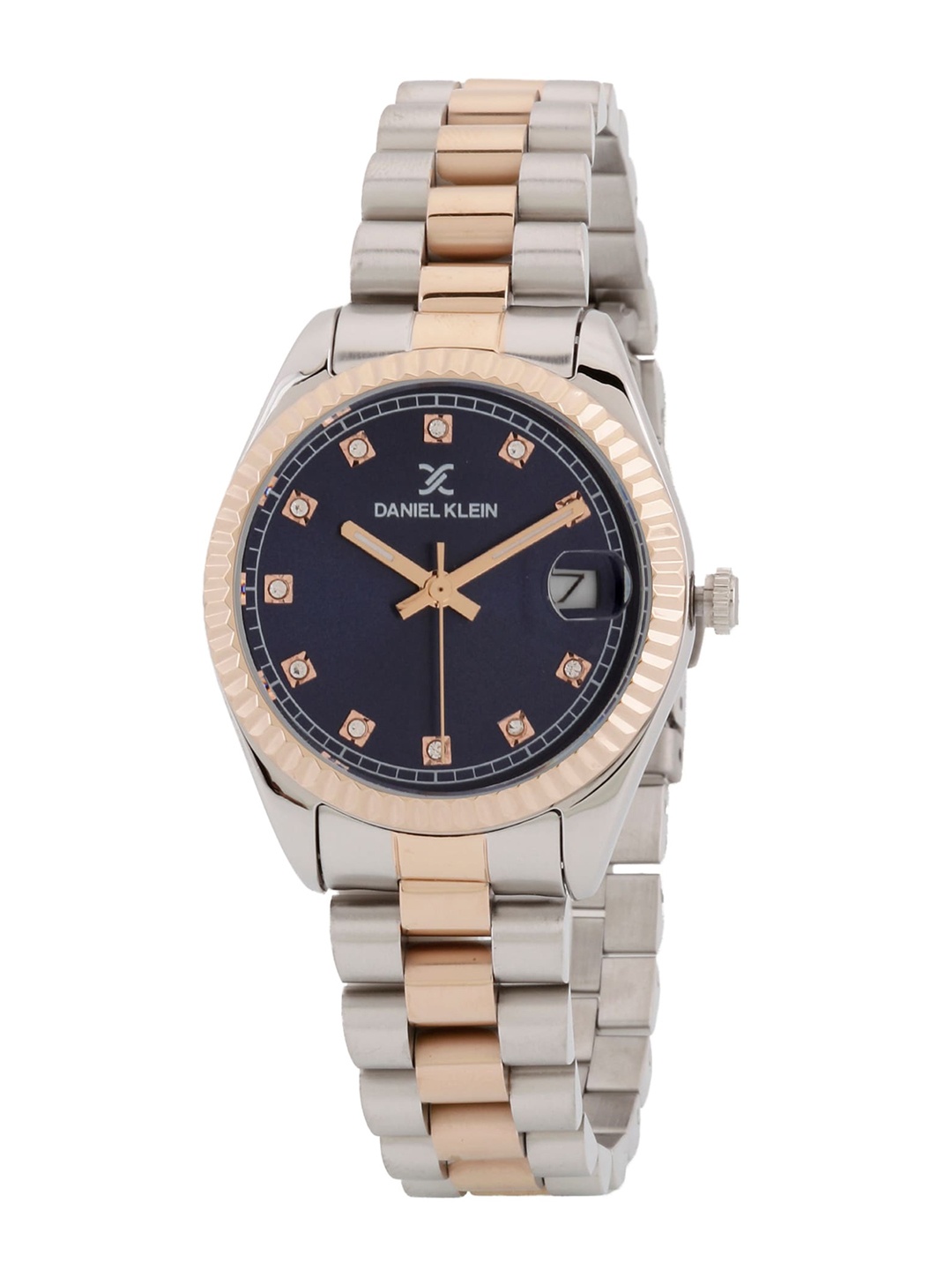 

Daniel Klein Women Blue Embellished Dial & Rose Gold Toned Stainless Steel Bracelet Style Straps Analogue Watch