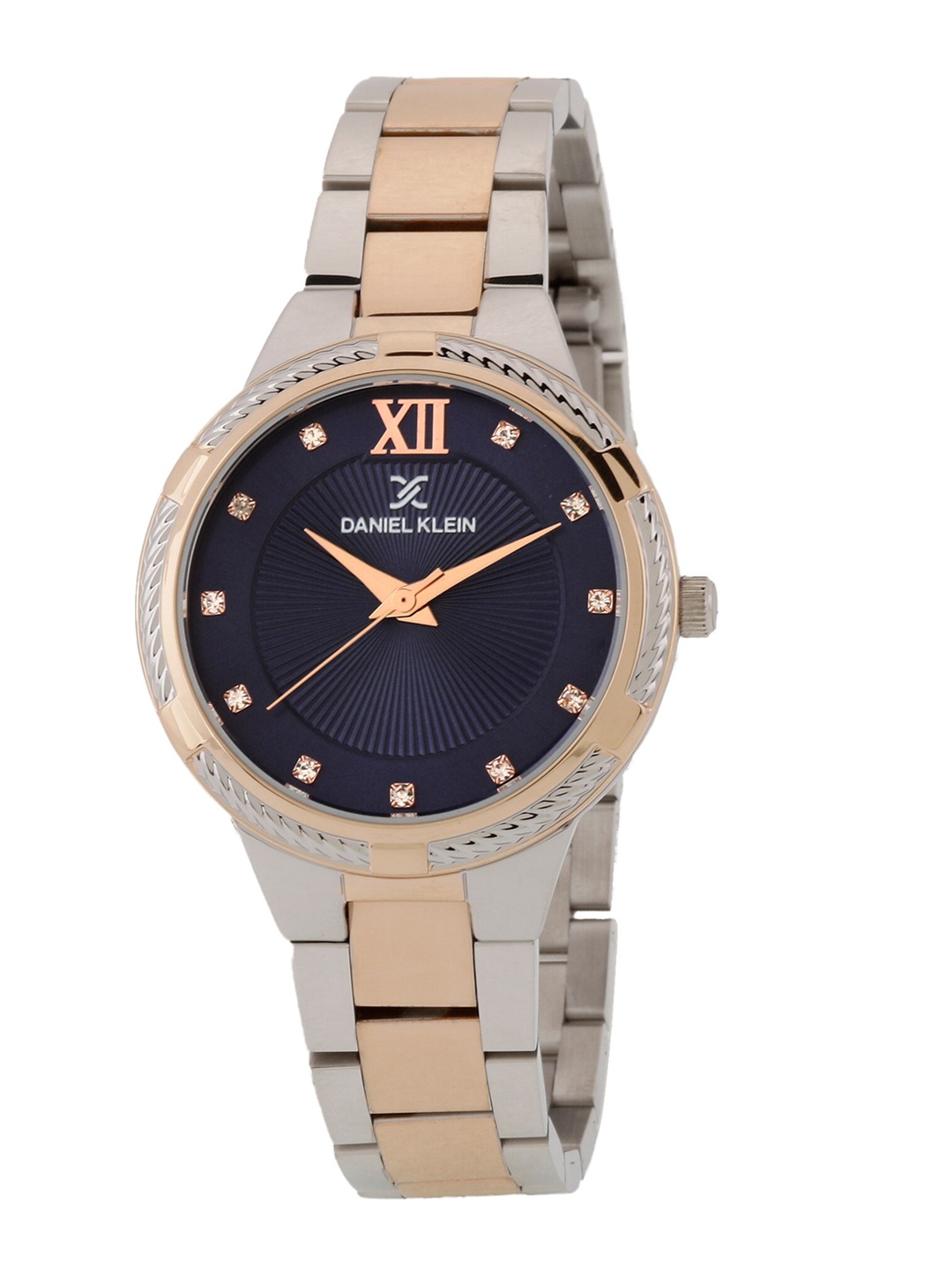 

Daniel Klein Women Blue Embellished Dial & Rose Gold Toned Stainless Steel Bracelet Style Straps Analogue Watch