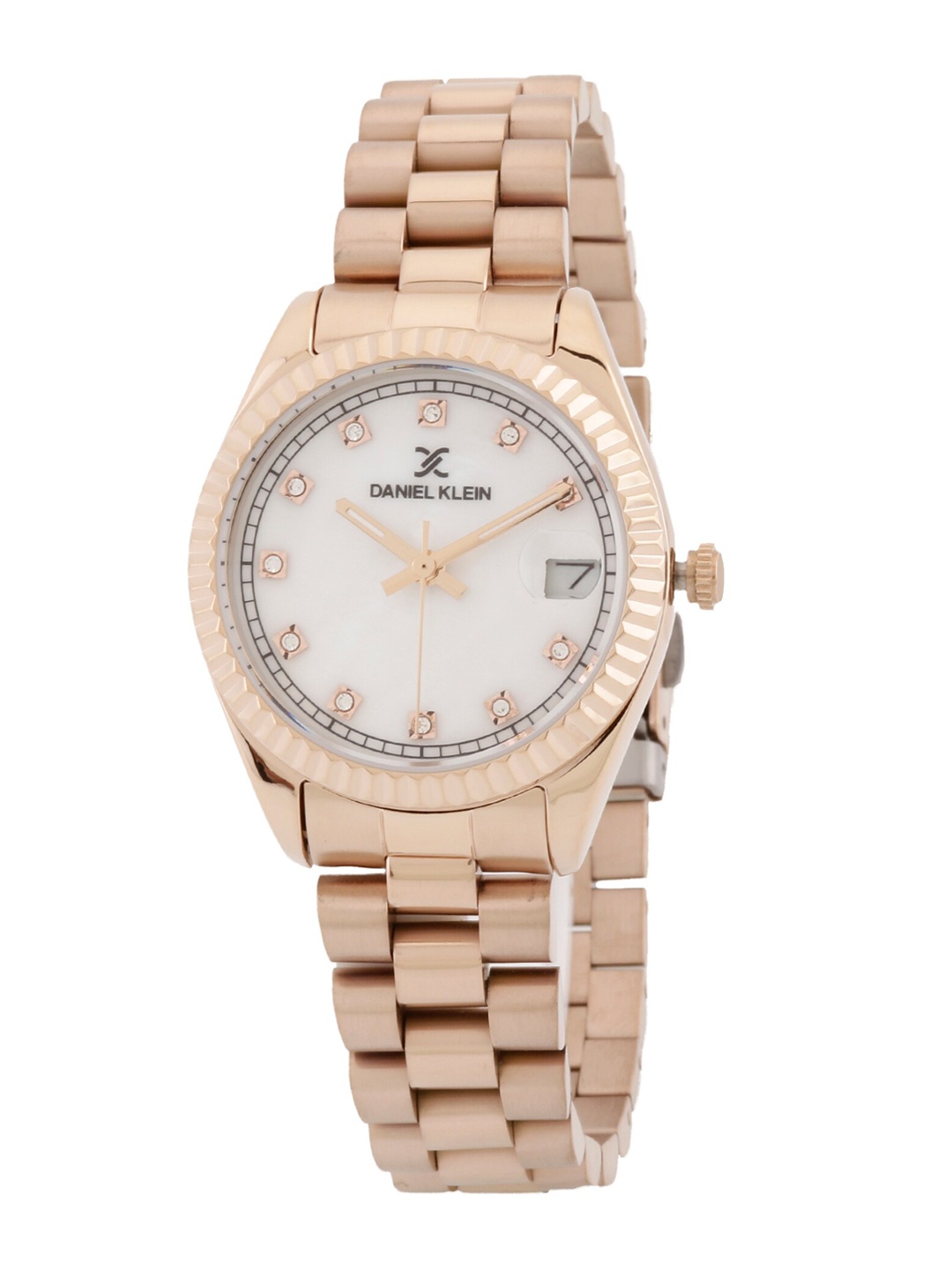 

Daniel Klein Women White Embellished Dial & Rose Gold Toned Stainless Steel Bracelet Style Straps Analogue Watch