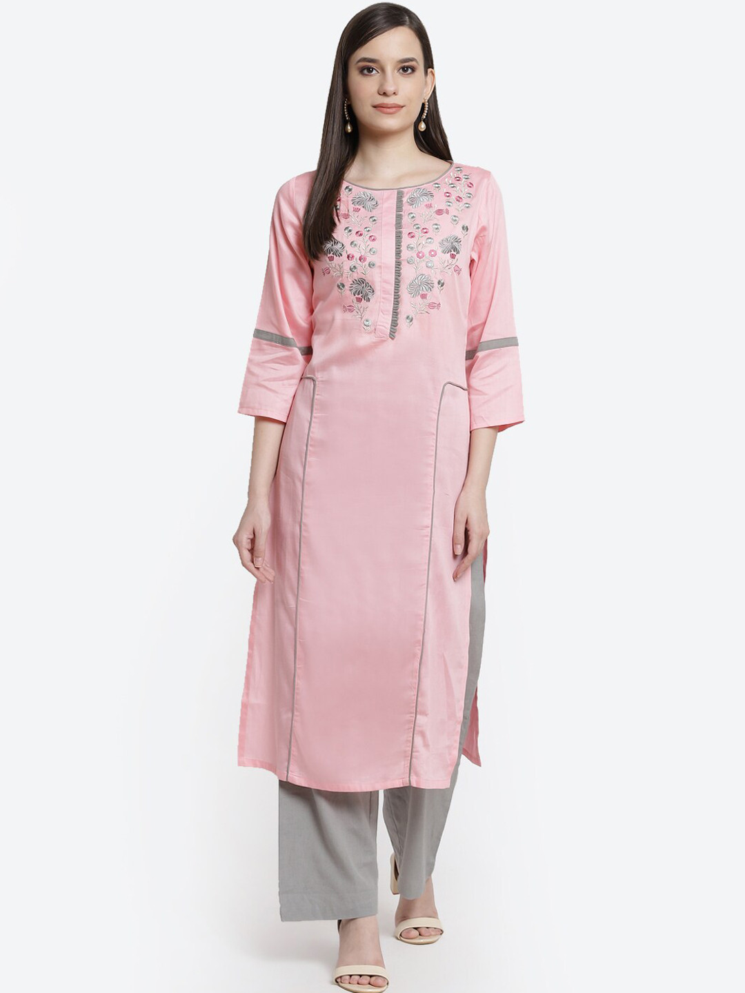 

Kurti's by Menka Women Pink and Grey Embroidered Yoke Design Rayon Straight Kurta