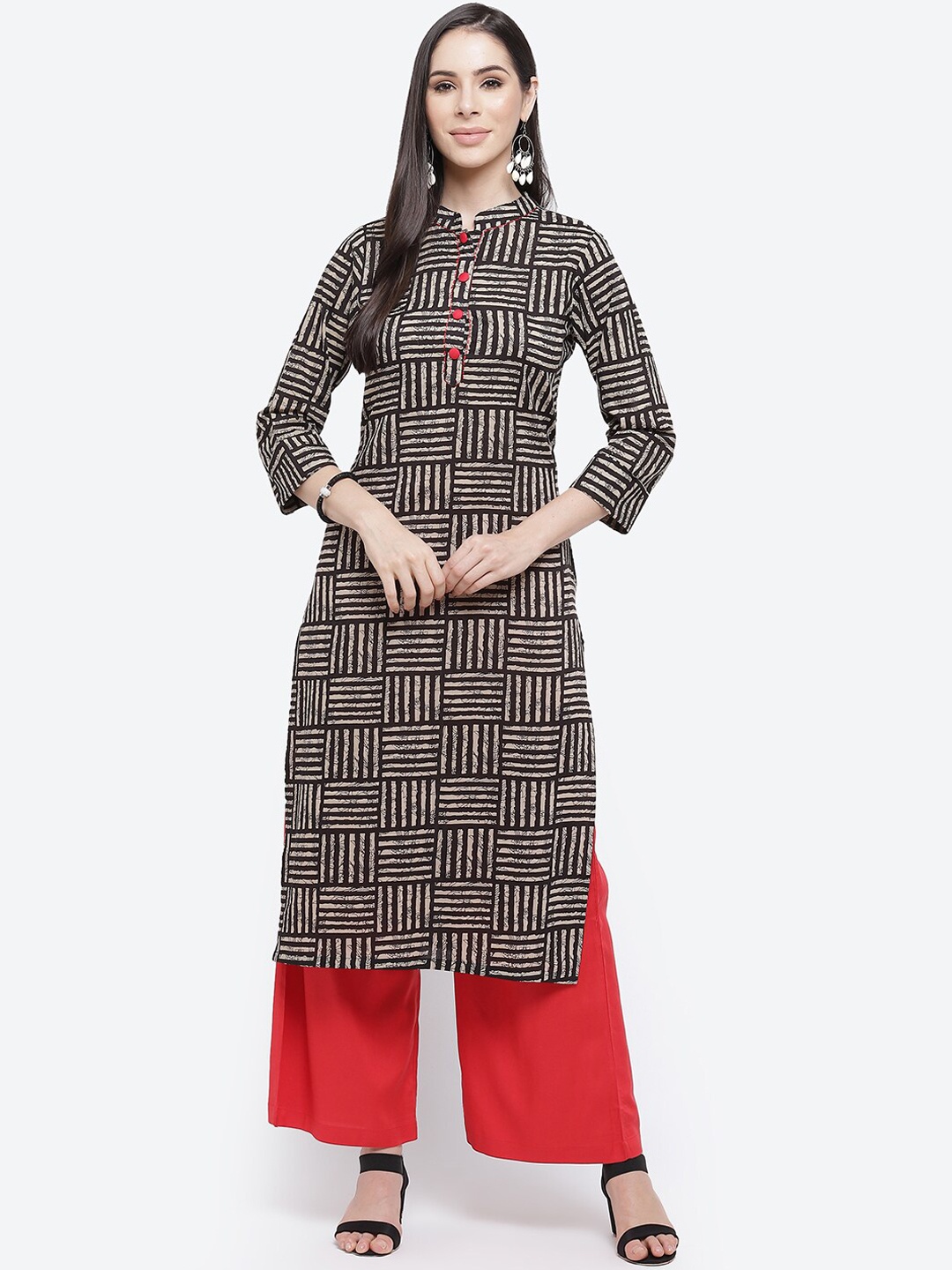 

Kurti's by Menka Women Black and Beige Cotton Geometric Printed Straight Kurta