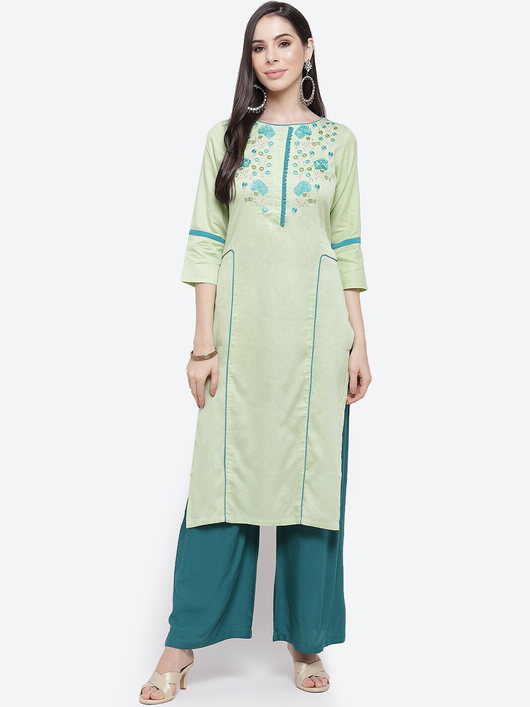 

Kurti's by Menka Women Green Embroidered Yoke Design Silk Straight Kurta