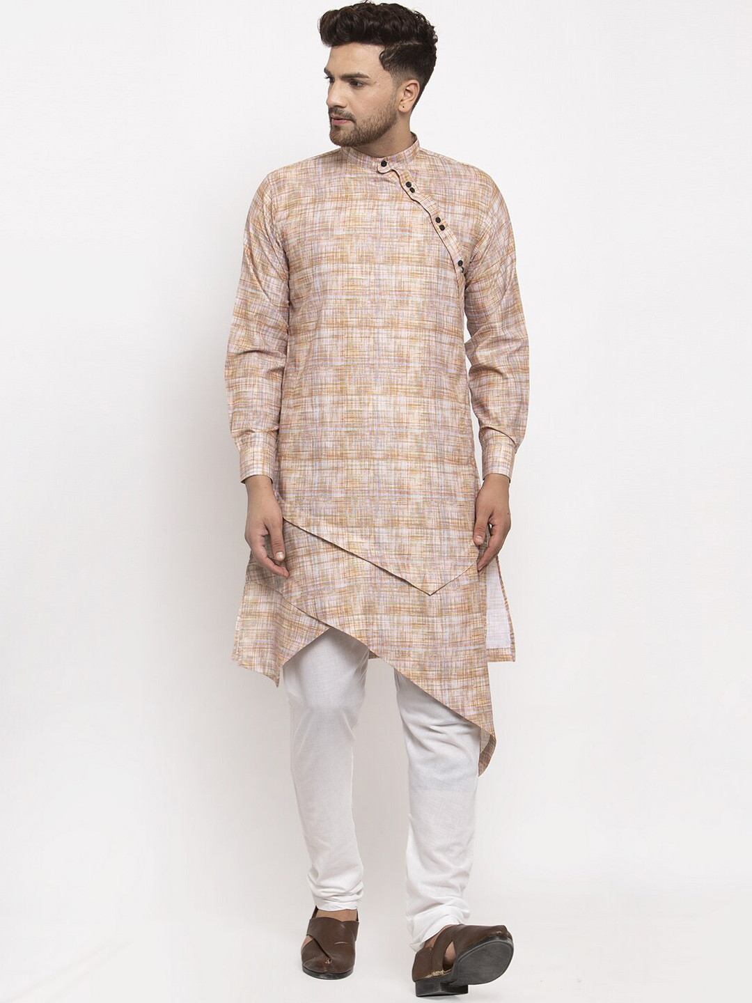 

KLOTTHE Men Beige Angrakha Pure Cotton Kurta with Pyjamas