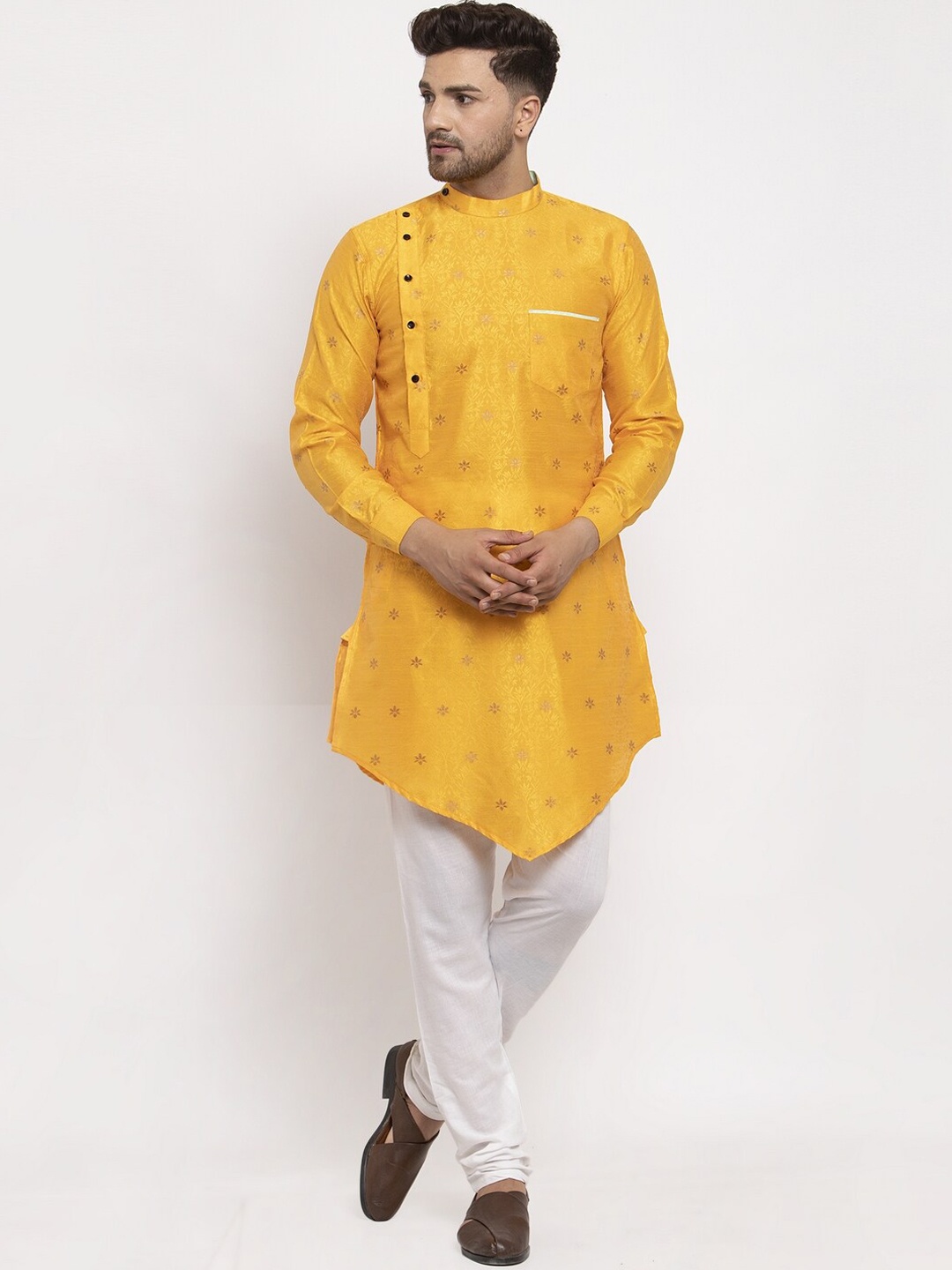 

KLOTTHE Men Yellow Ethnic Motifs Angrakha Kurta with Churidar