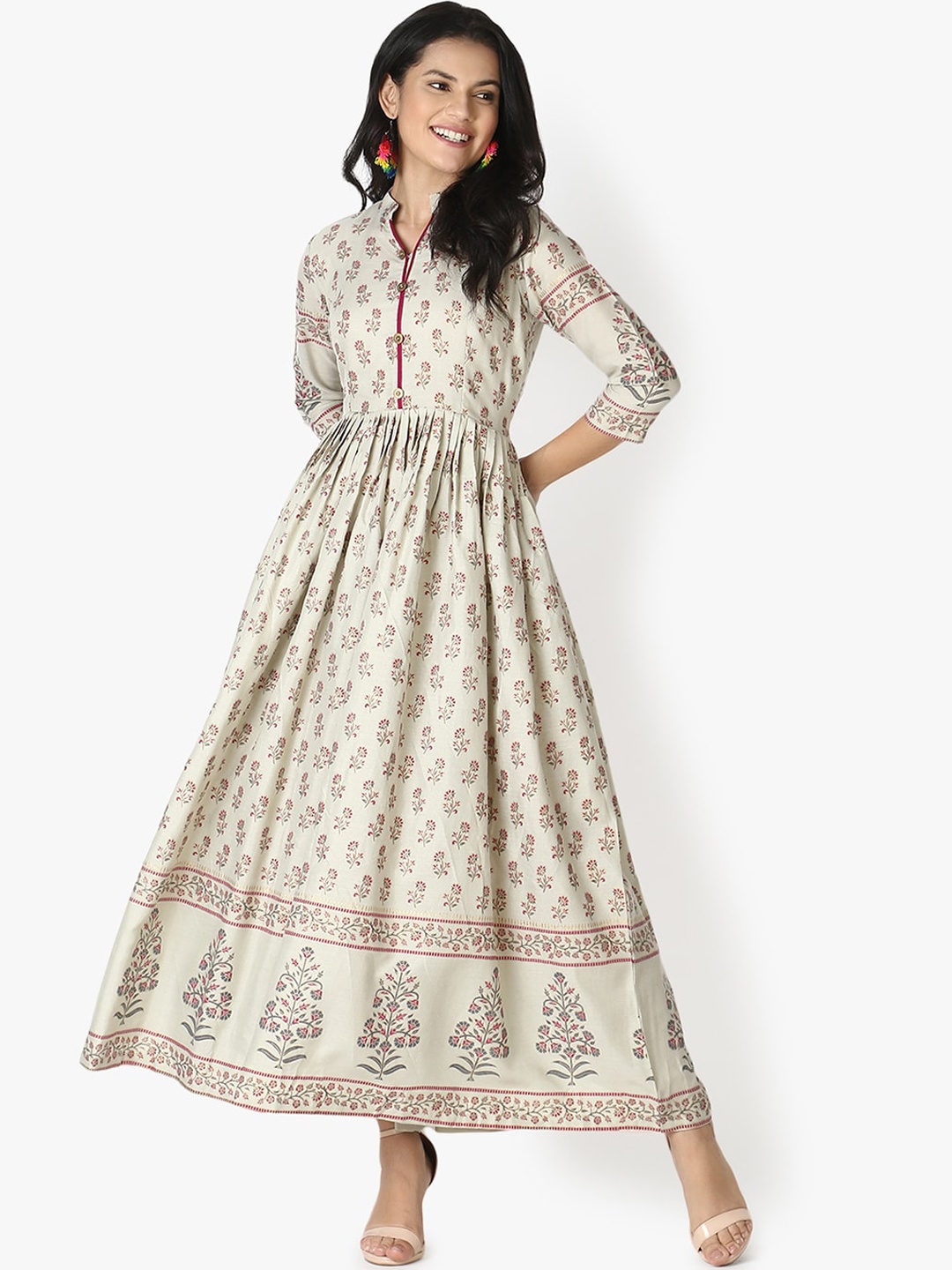 

OM SAI LATEST CREATION Women Off White & Red Ethnic Motifs Printed Anarkali Kurta