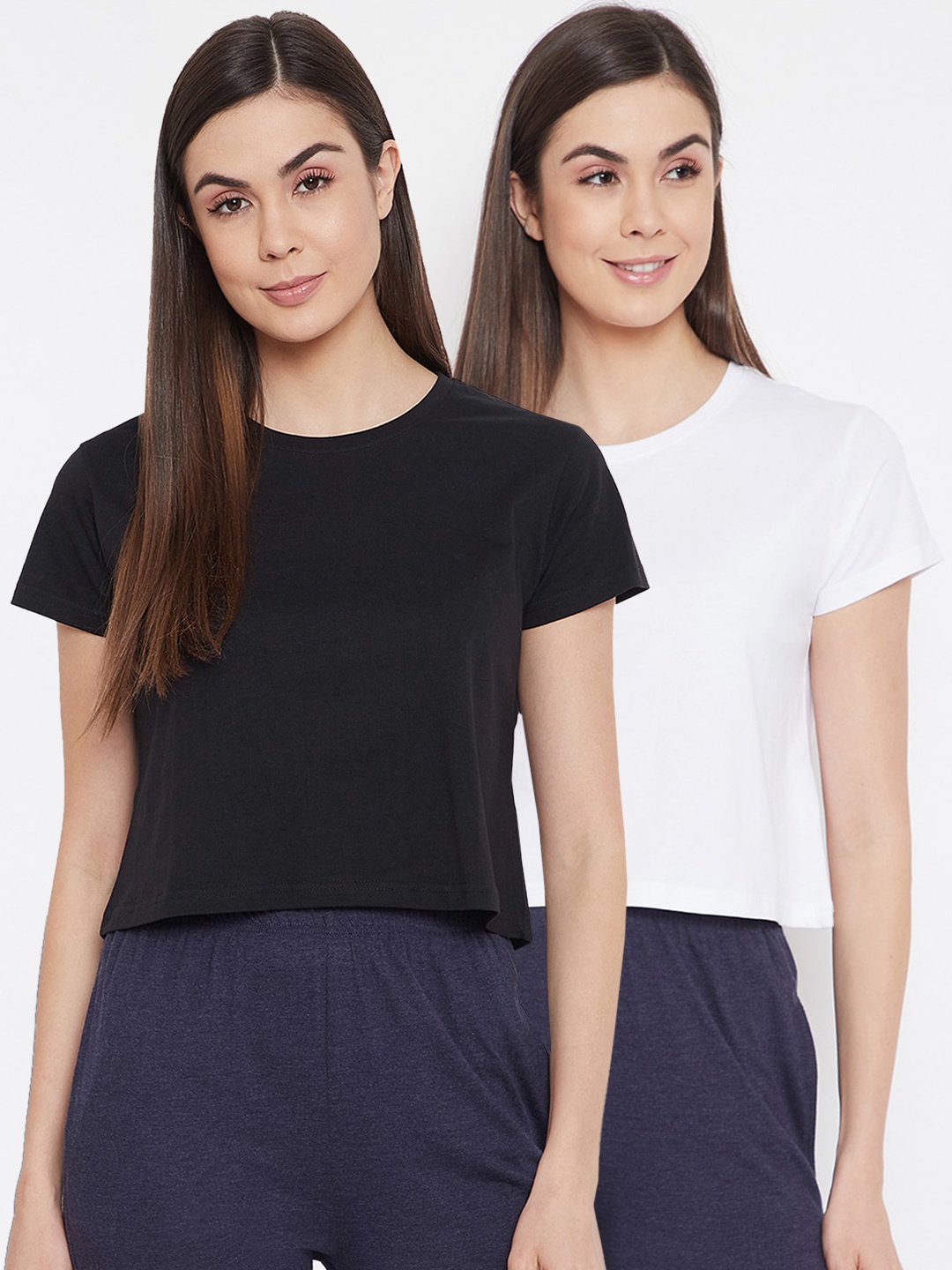 

Clovia Women Pack Of 2 Solid Pure Cotton Cropped Lounge T-Shirts, White