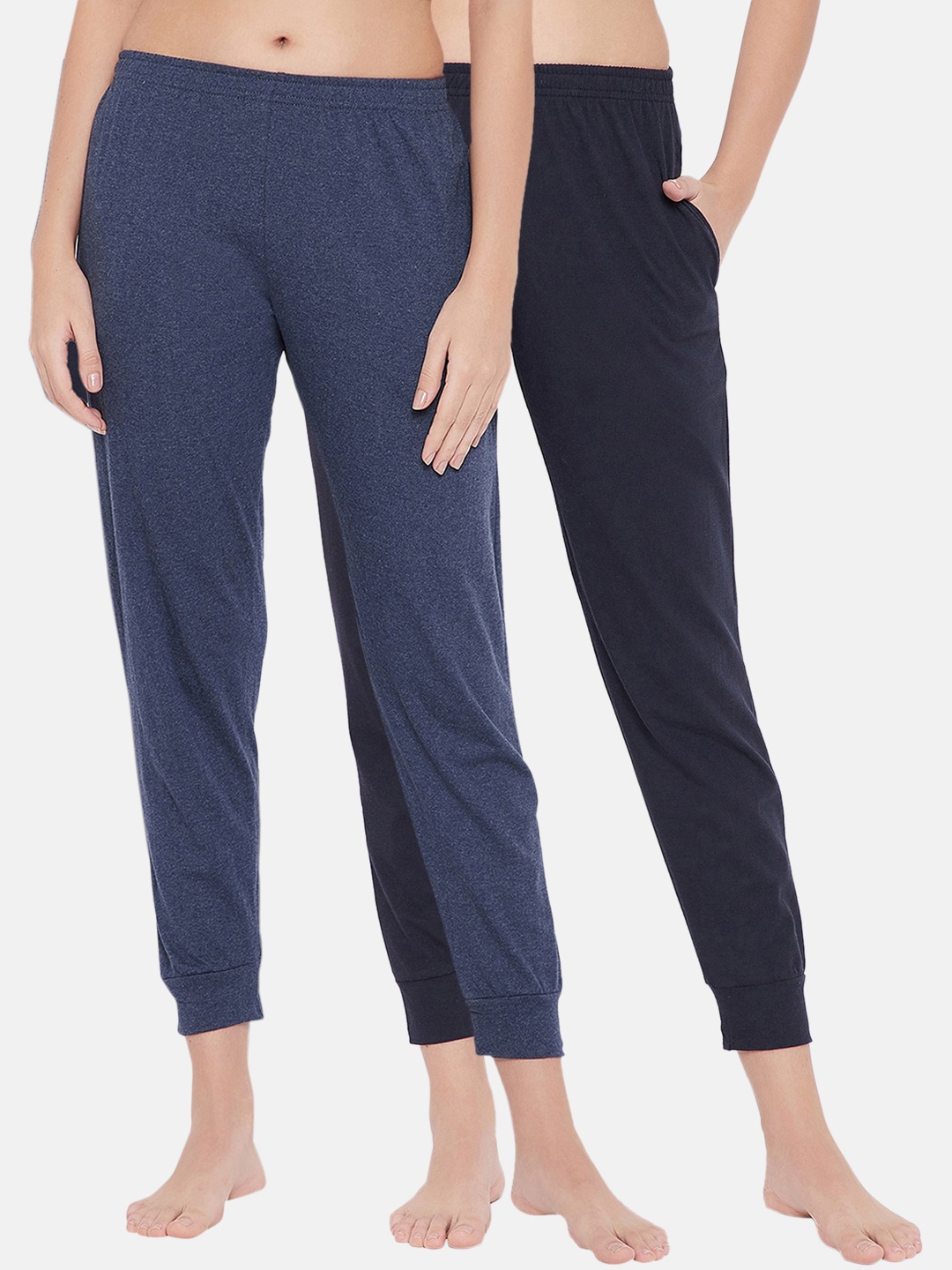 

Clovia Women Pack Of 2 Blue Solid Cotton Cuffed Lounge Pants, Navy blue