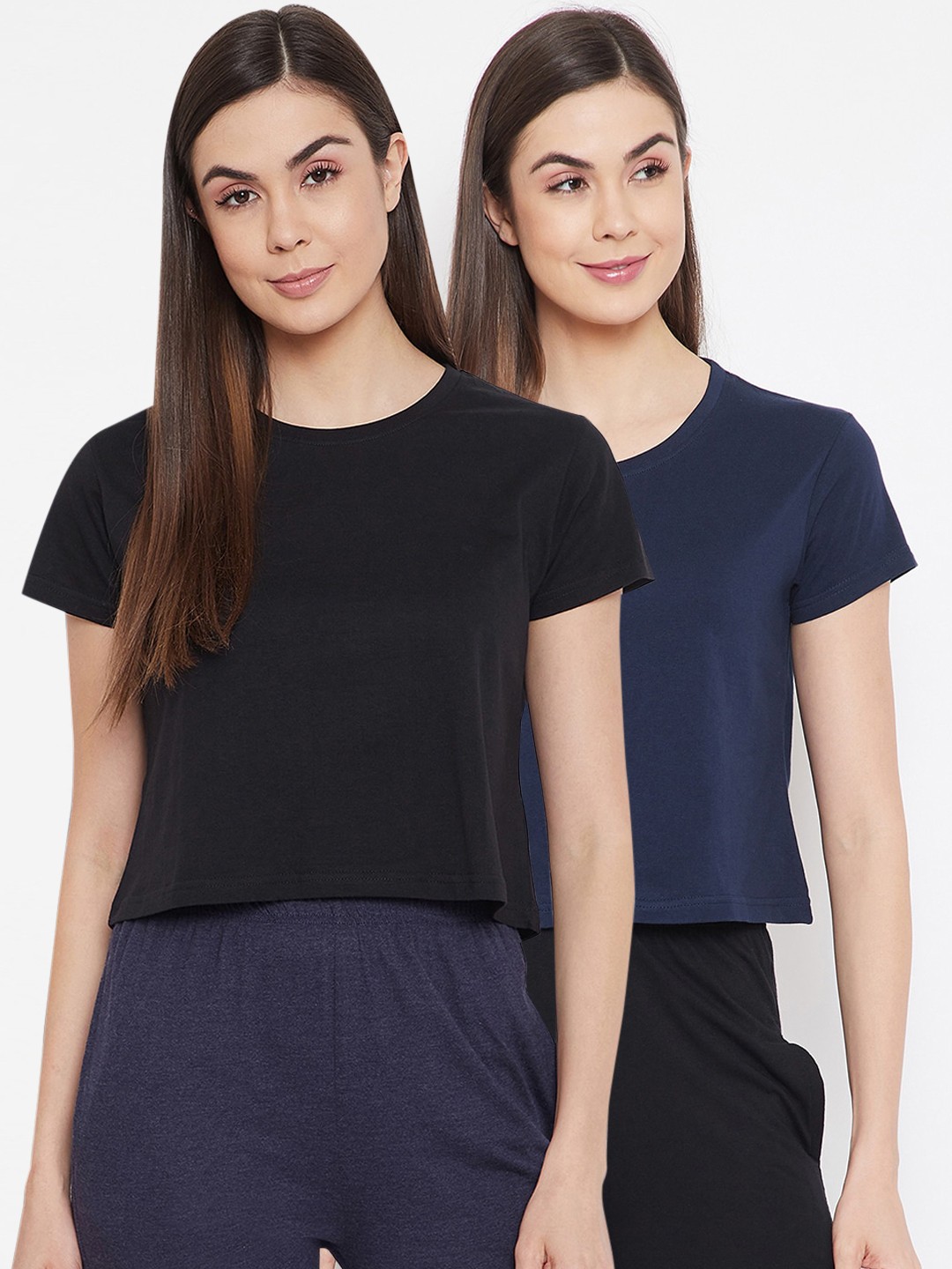 

Clovia Women Pack Of 2 Solid Pure Cotton Cropped Lounge T-Shirts, Blue