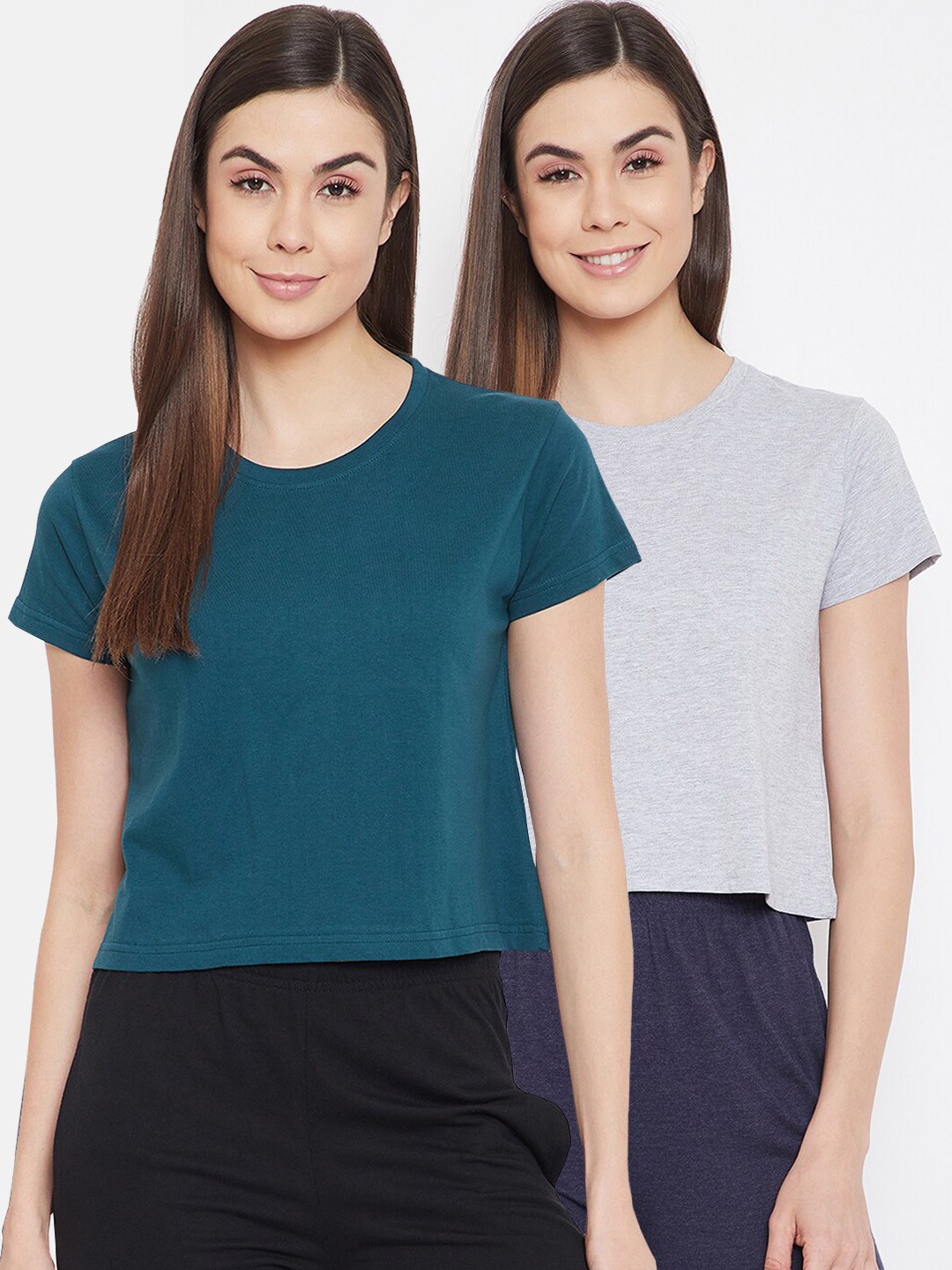 

Clovia Women Pack Of 2 Pure Cotton Cropped Lounge T-Shirts, Blue