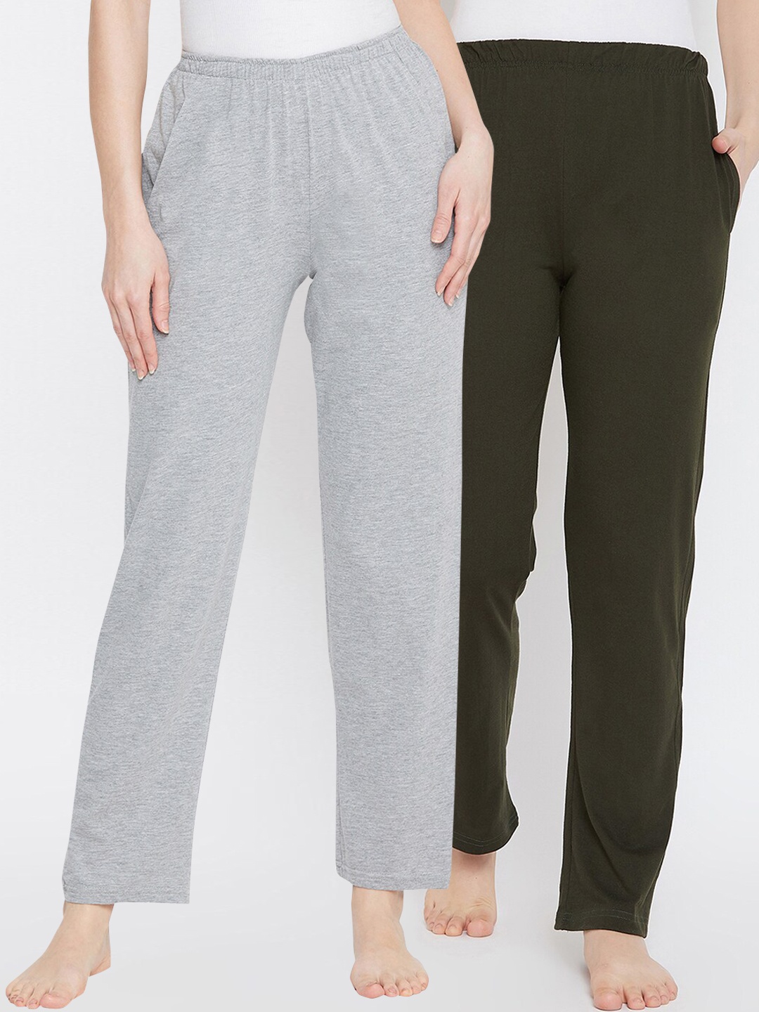 

Clovia Women Pack Of 2 Solid Cotton Lounge Pants, Olive