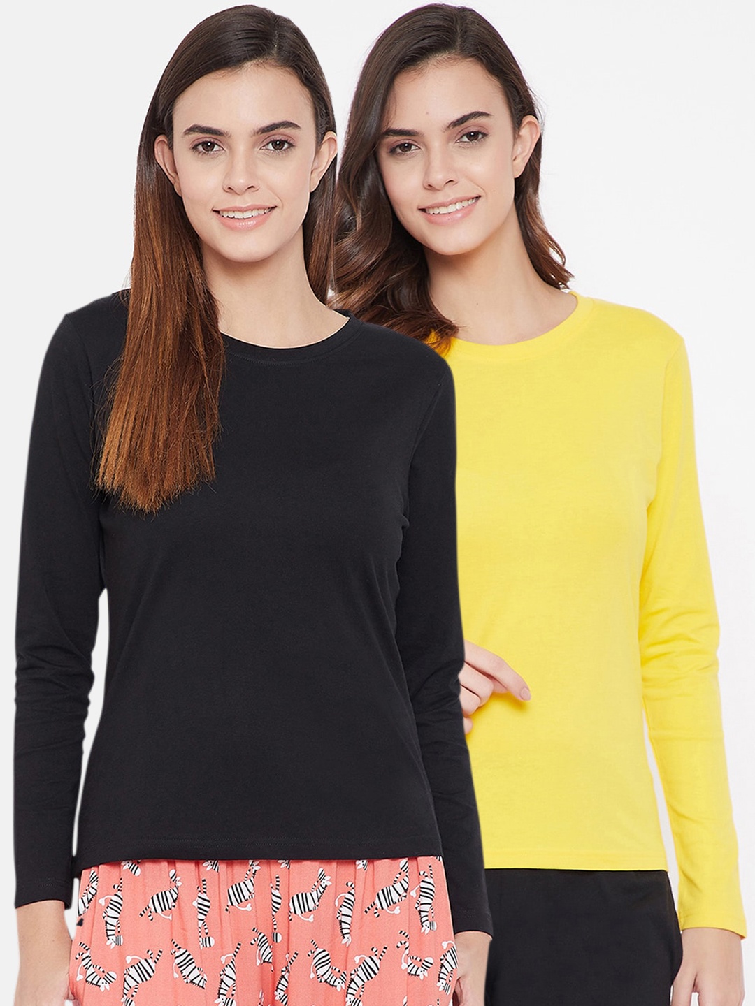 

Clovia Women Pack Of 2 Solid Pure Cotton Lounge T-Shirts, Yellow