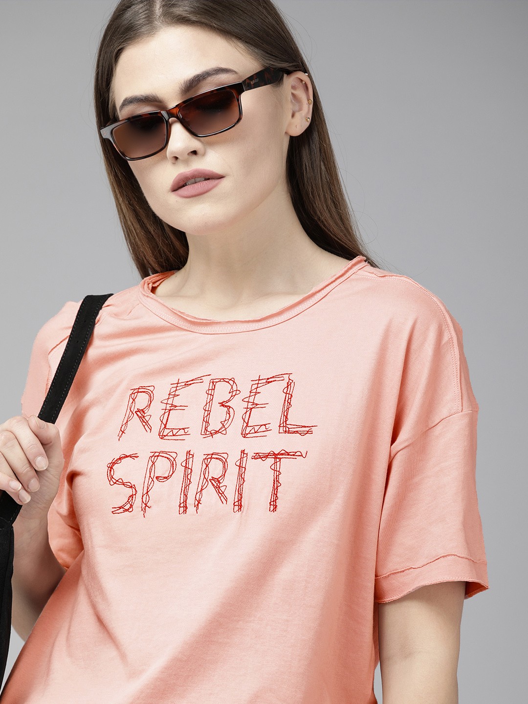 

Roadster Women Pink Typography Printed Extended Sleeves T-shirt