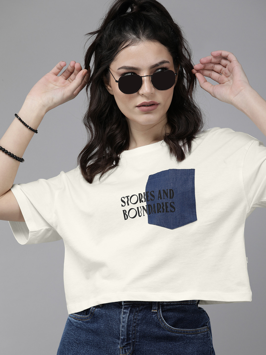 

Roadster Women Off-White & Blue Typography Printed Pocket Boxy Pure Cotton Cropped T-shirt
