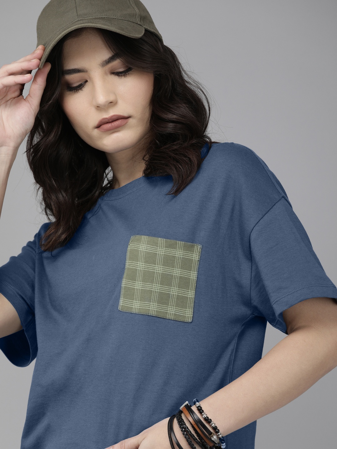 

Roadster Women Blue Solid &Checked Pocket Pure Cotton T-shirt