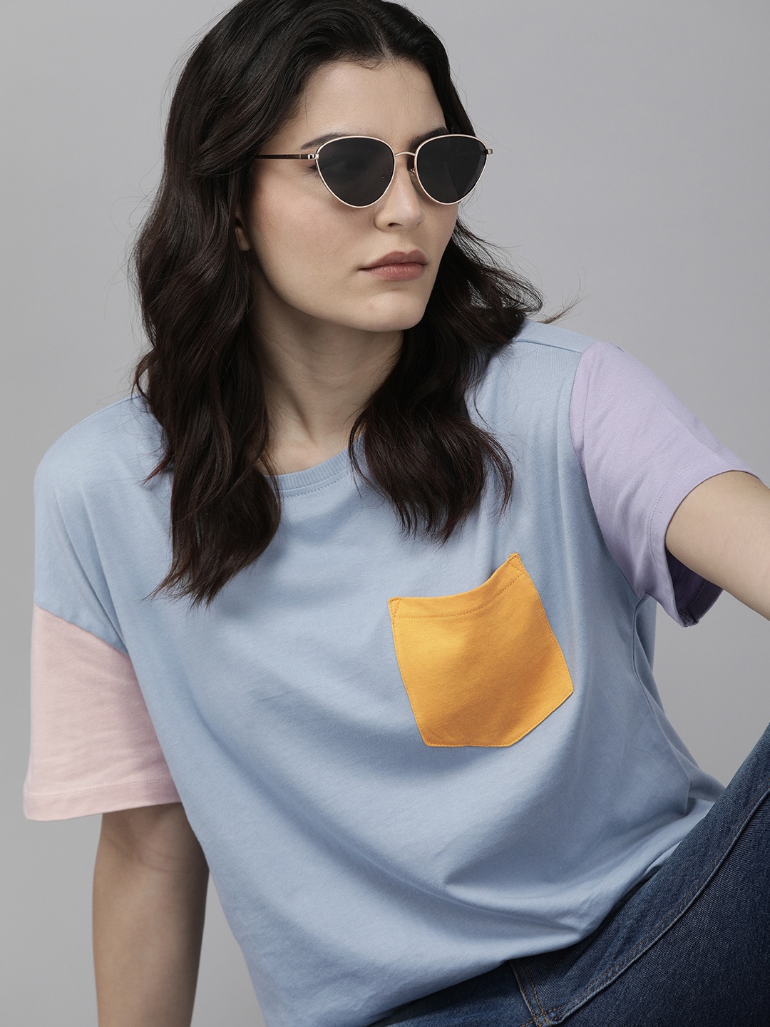 

Roadster Women Blue & Peach-Coloured Colourblocked Pure Cotton T-shirt
