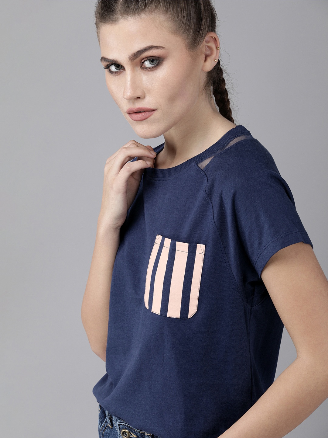 

Roadster Women Navy Blue Striped Pocket Detail Pure Cotton T-shirt