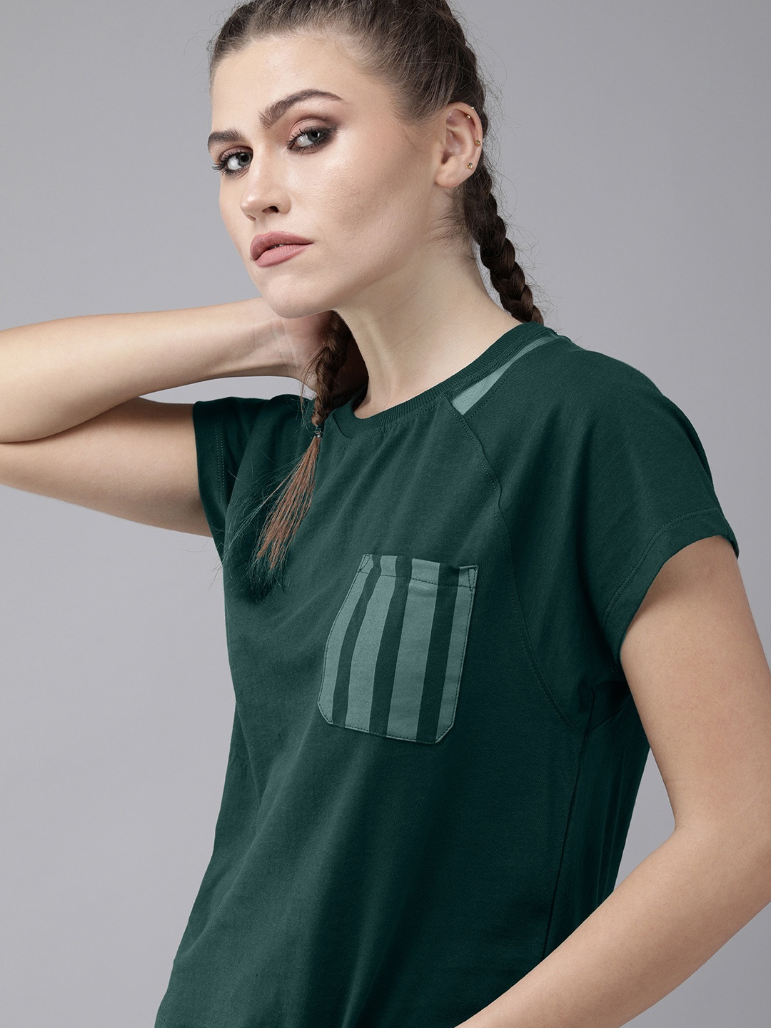 

Roadster Women Green Striped Pocket Detail Pure Cotton T-shirt