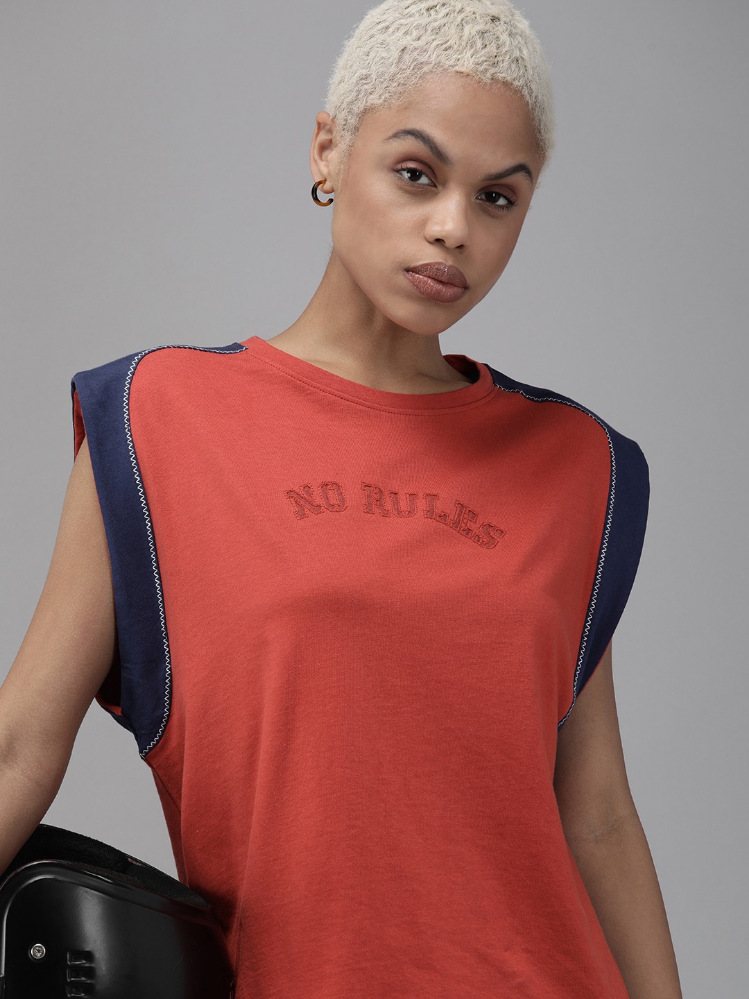 

Roadster Women Coral Red Typography Embroidered Sleeveless Pure Cotton T-shirt