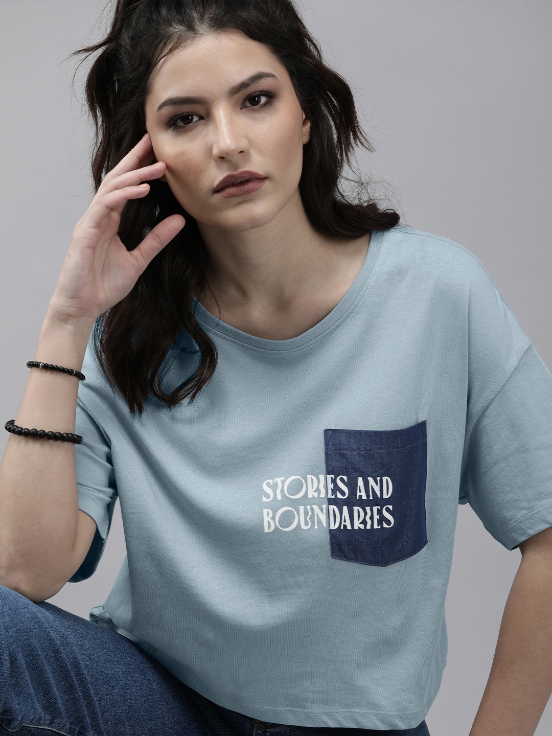 

Roadster Women Blue & White Printed Extended Sleeves Pocket Pure Cotton Cropped T-shirt