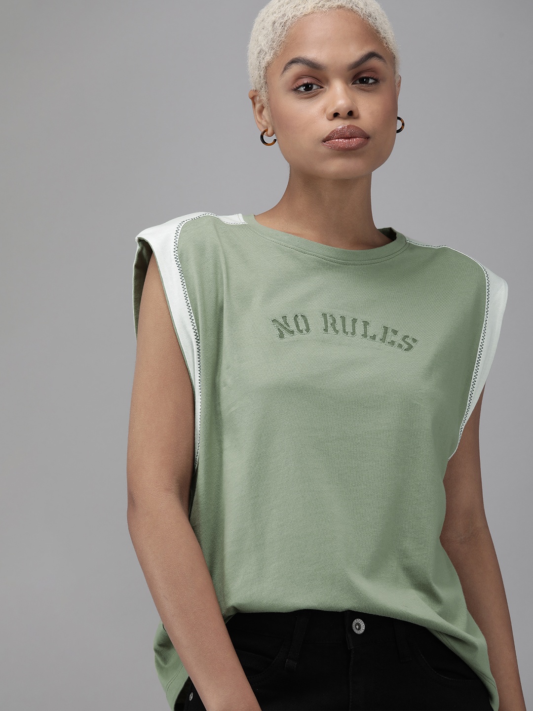 

Roadster Women Sage Green Typography Embroidered Pure Cotton T-shirt