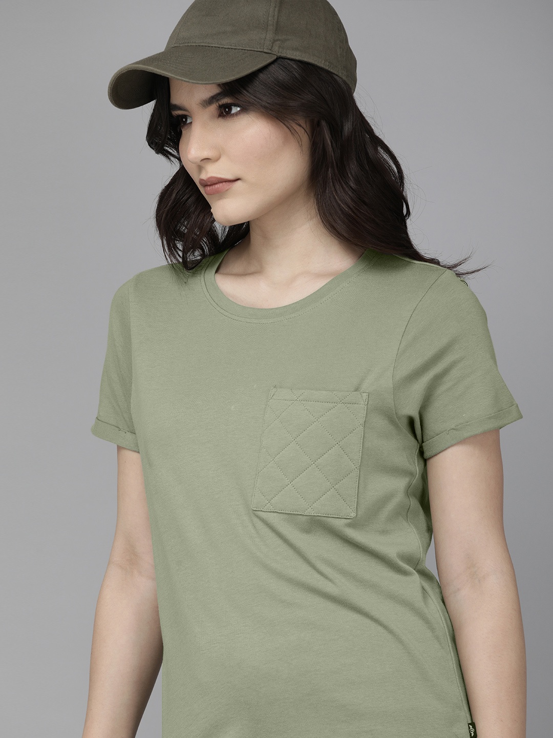

Roadster Women Olive Green Solid Drop-Shoulder Sleeves With Checked Pocket T-shirt
