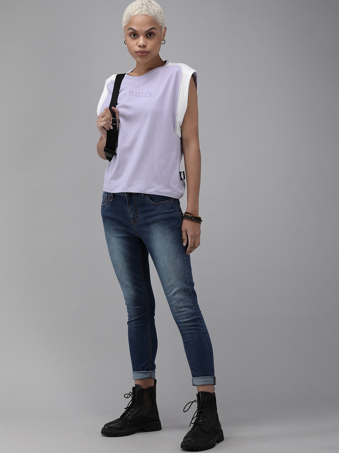 

Roadster Women Lavender Typography Embroidered Pure Cotton T-shirt
