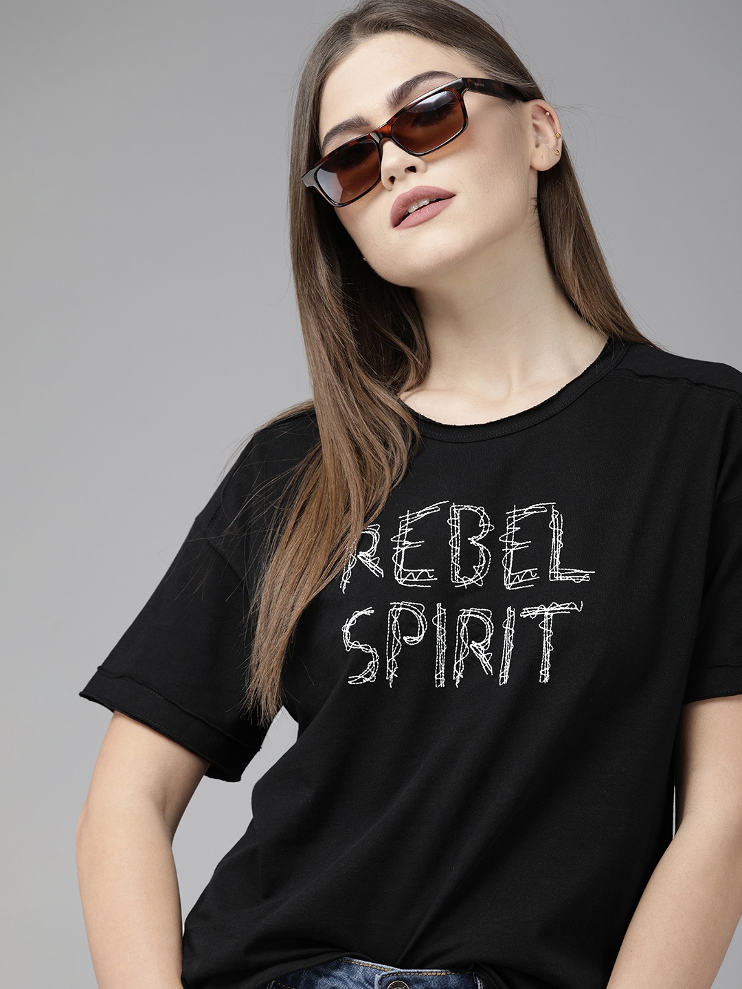 

Roadster Women Black Typography Printed Extended Sleeves T-shirt