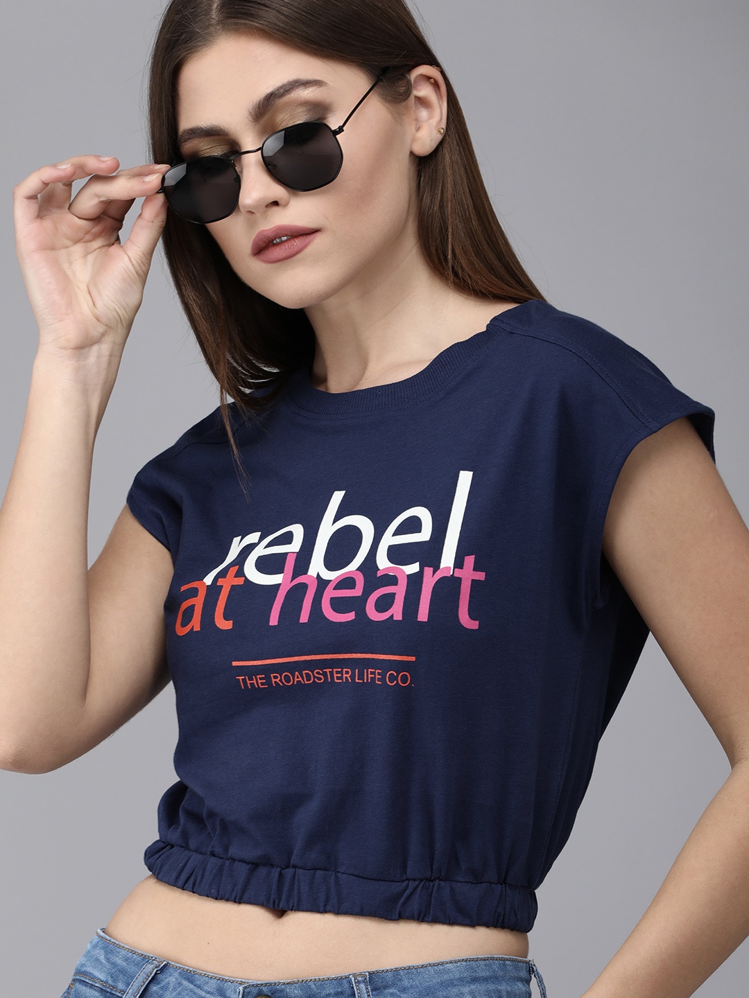 

Roadster Women Navy Blue Typography Printed Extended Sleeves Crop T-shirt