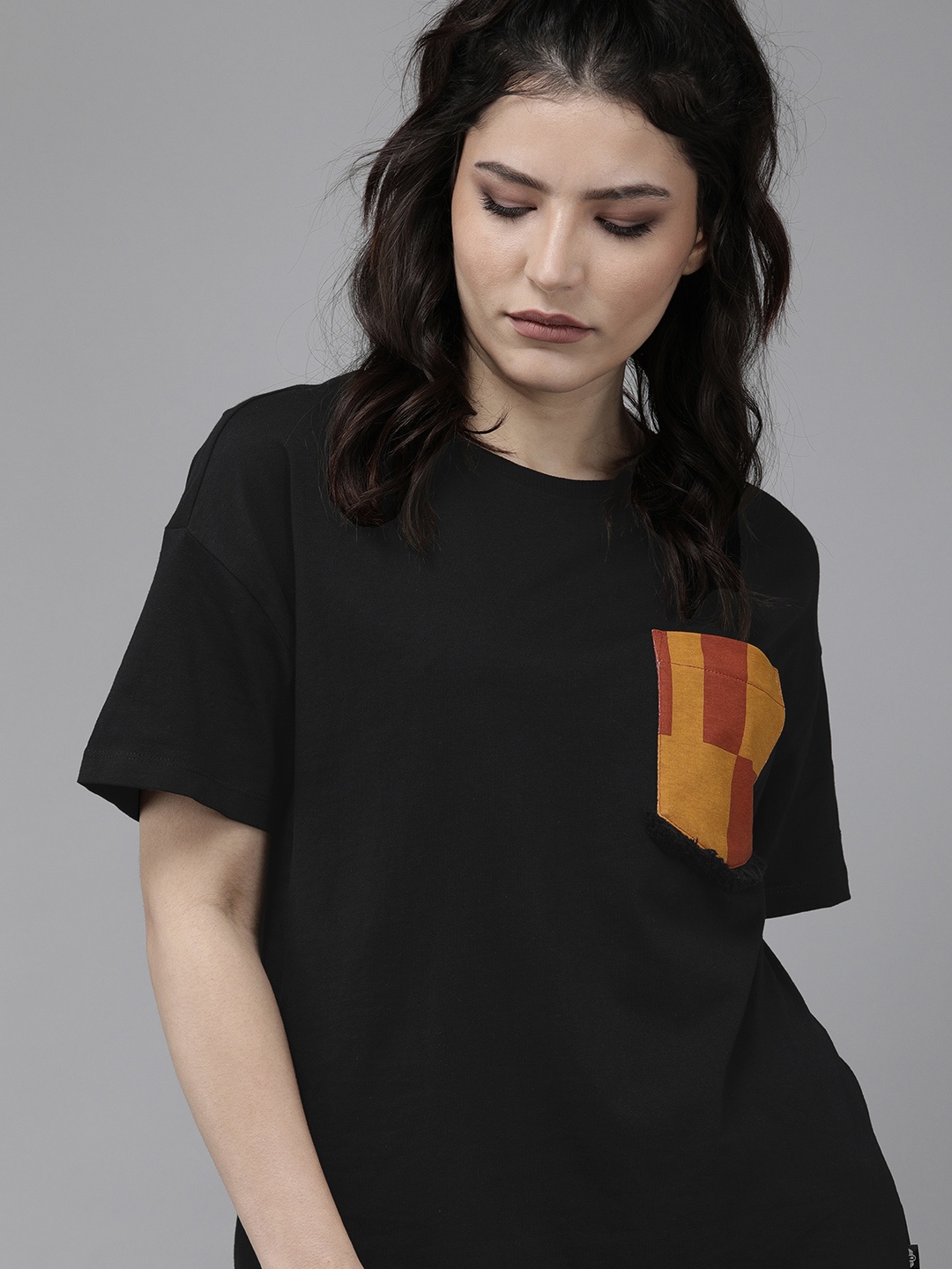 

Roadster Women Black Pocket Pure Cotton T-shirt