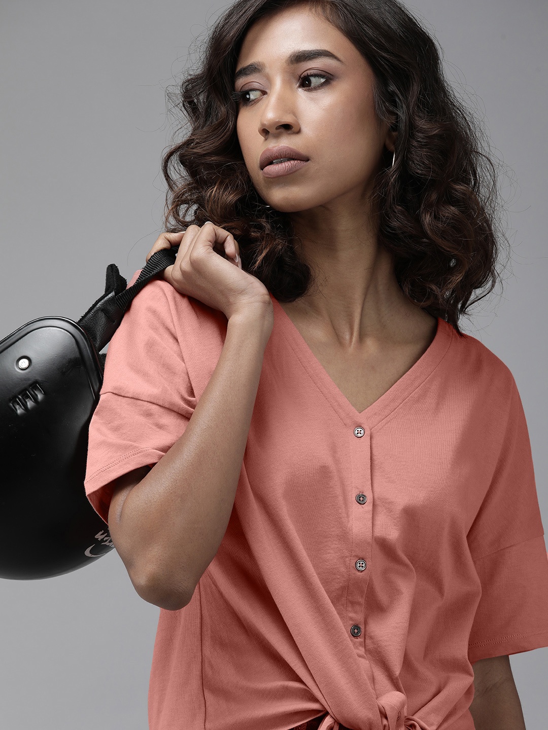 

Roadster Pink Solid Oversized Shirt Style Pure Cotton Crop Top with Front Knot