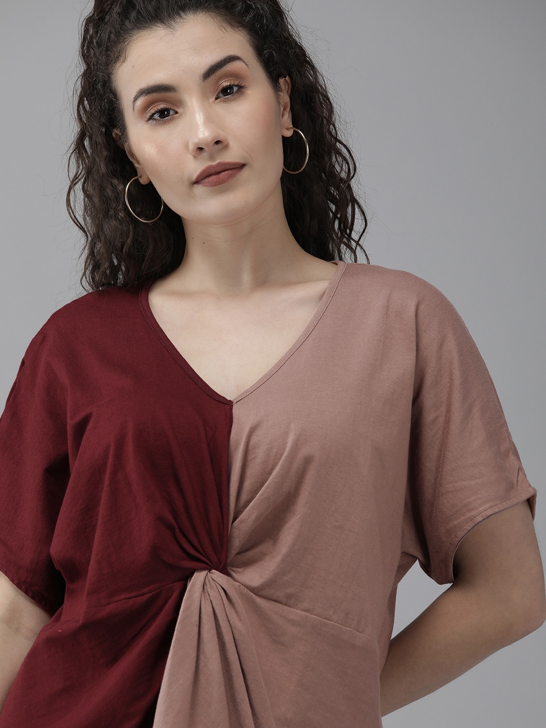 

Roadster Maroon & Mauve Colourblocked Twisted Waist Top