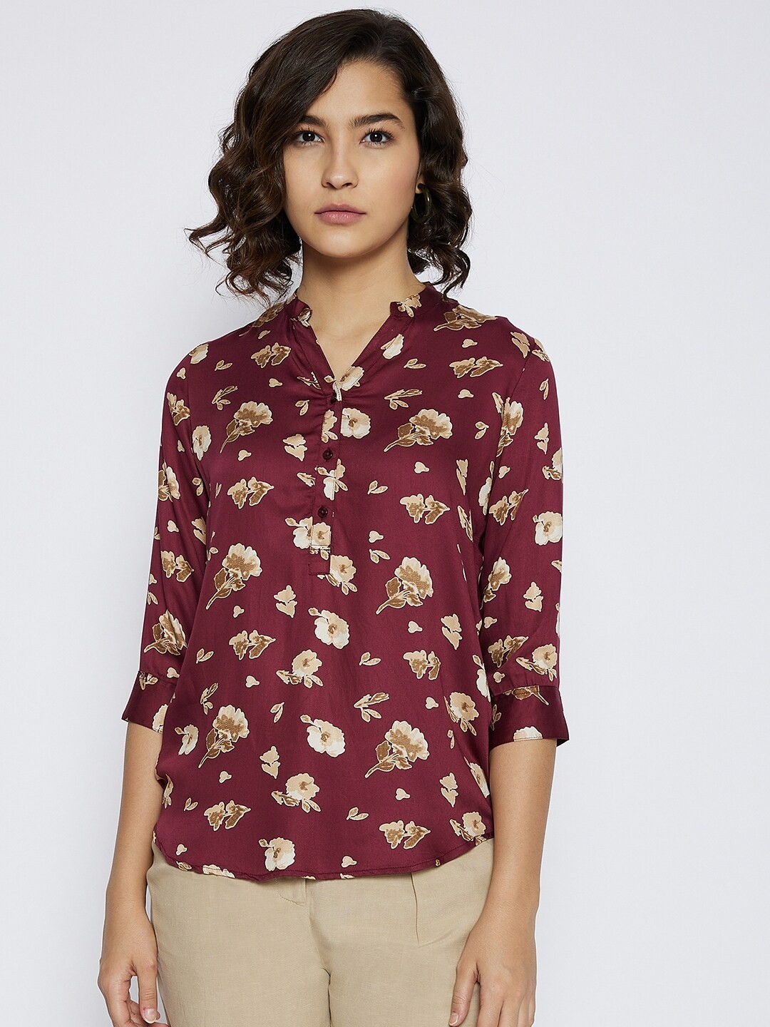 

Crimsoune Club Women Maroon & Beige Floral Print Lyocell Top