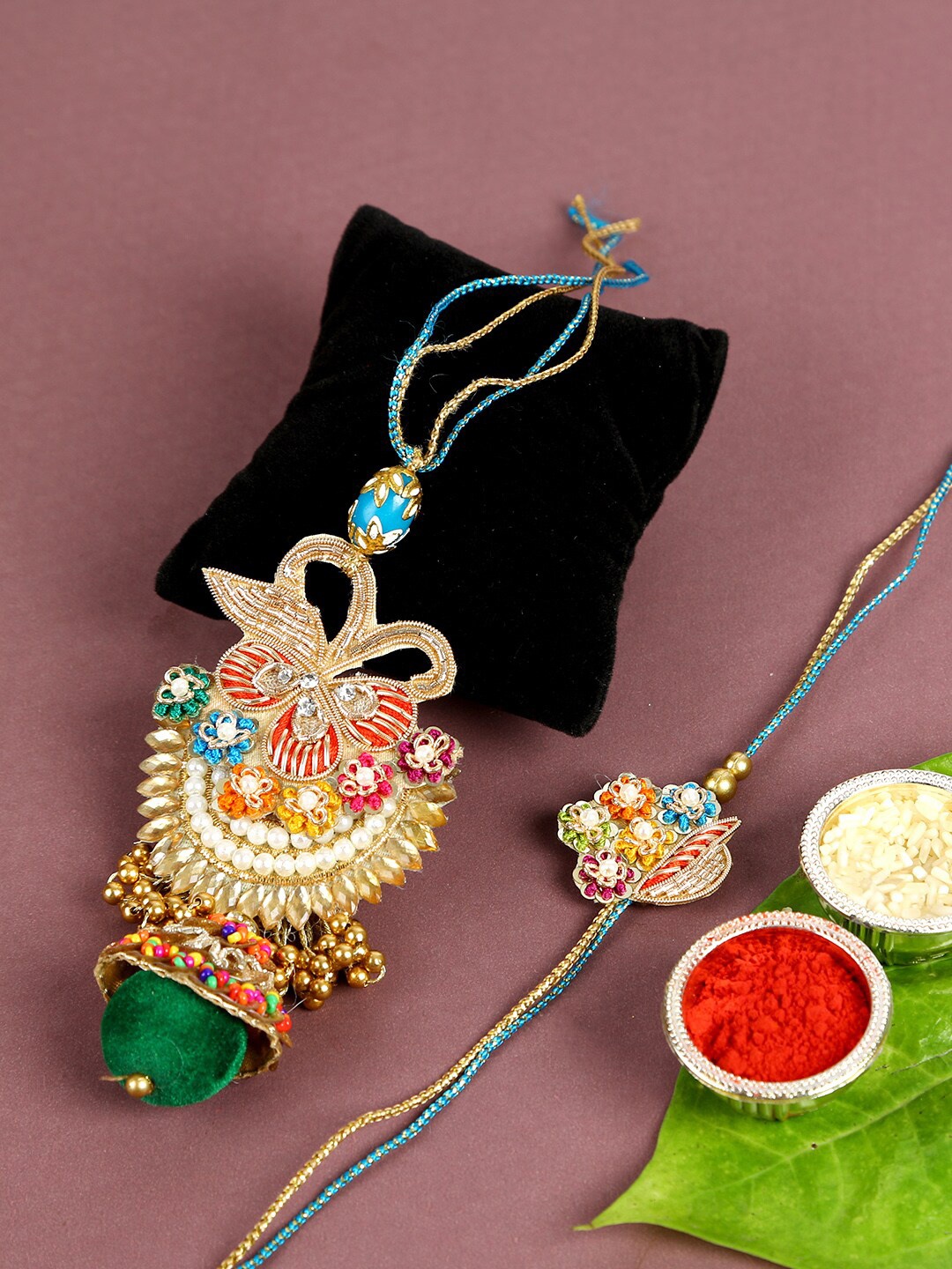 

Aapno Rajasthan Multicoloured Zardosi Work & Embellished Beads Bhaiya Bhabhi Rakhi Set, Multi