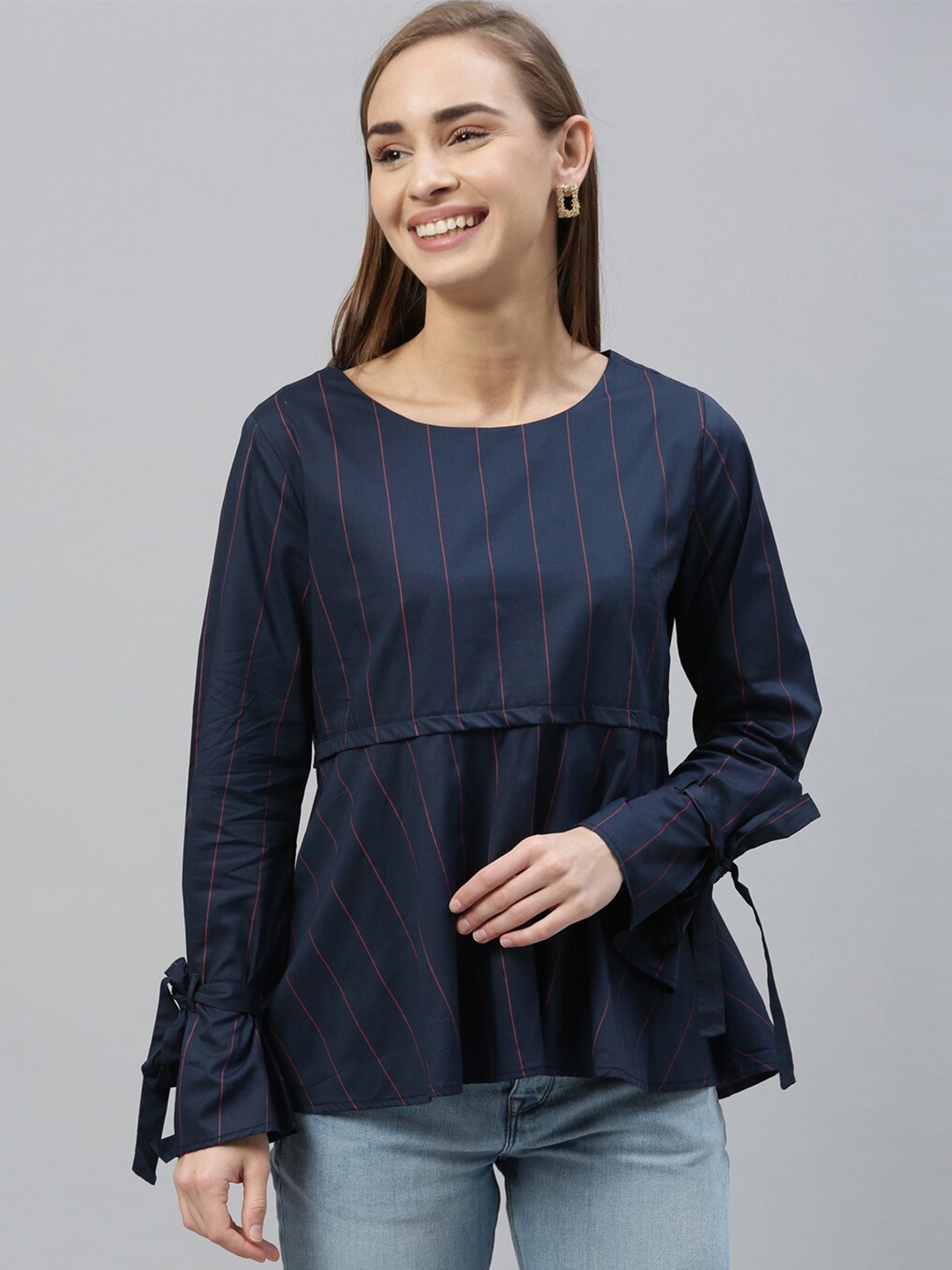 

RAREISM Navy Blue Striped Peplum Top