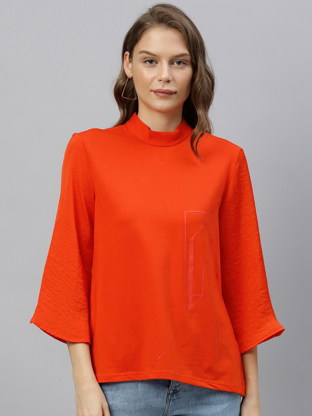 

RAREISM Orange High Neck Flared Sleeves Regular Top