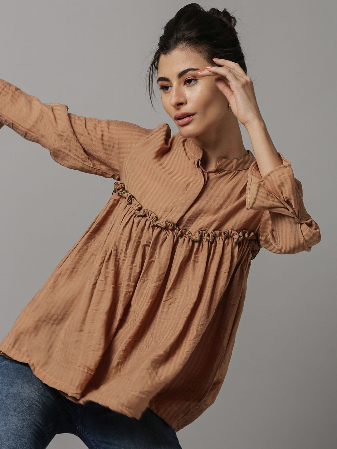 

RAREISM Brown & Cream-Coloured Striped Mandarin Collar Bell Sleeve Empire Top