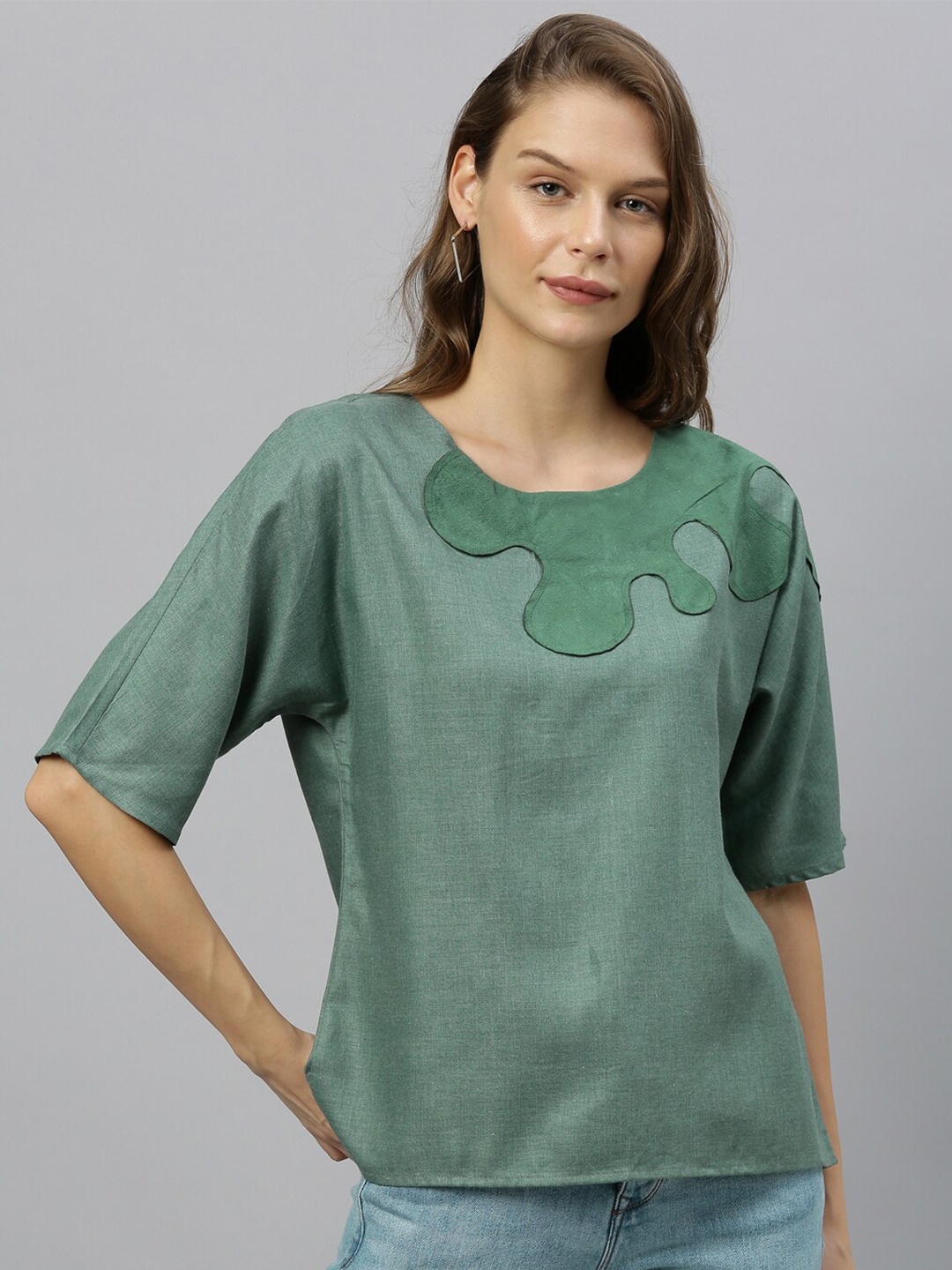 

RAREISM Women Green Extended Sleeves Applique Regular Top