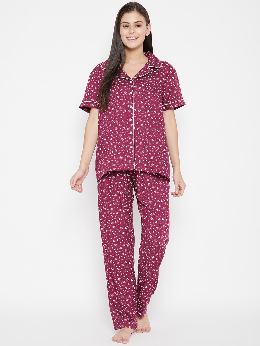 

Clovia Women Maroon & White Printed Night Suit