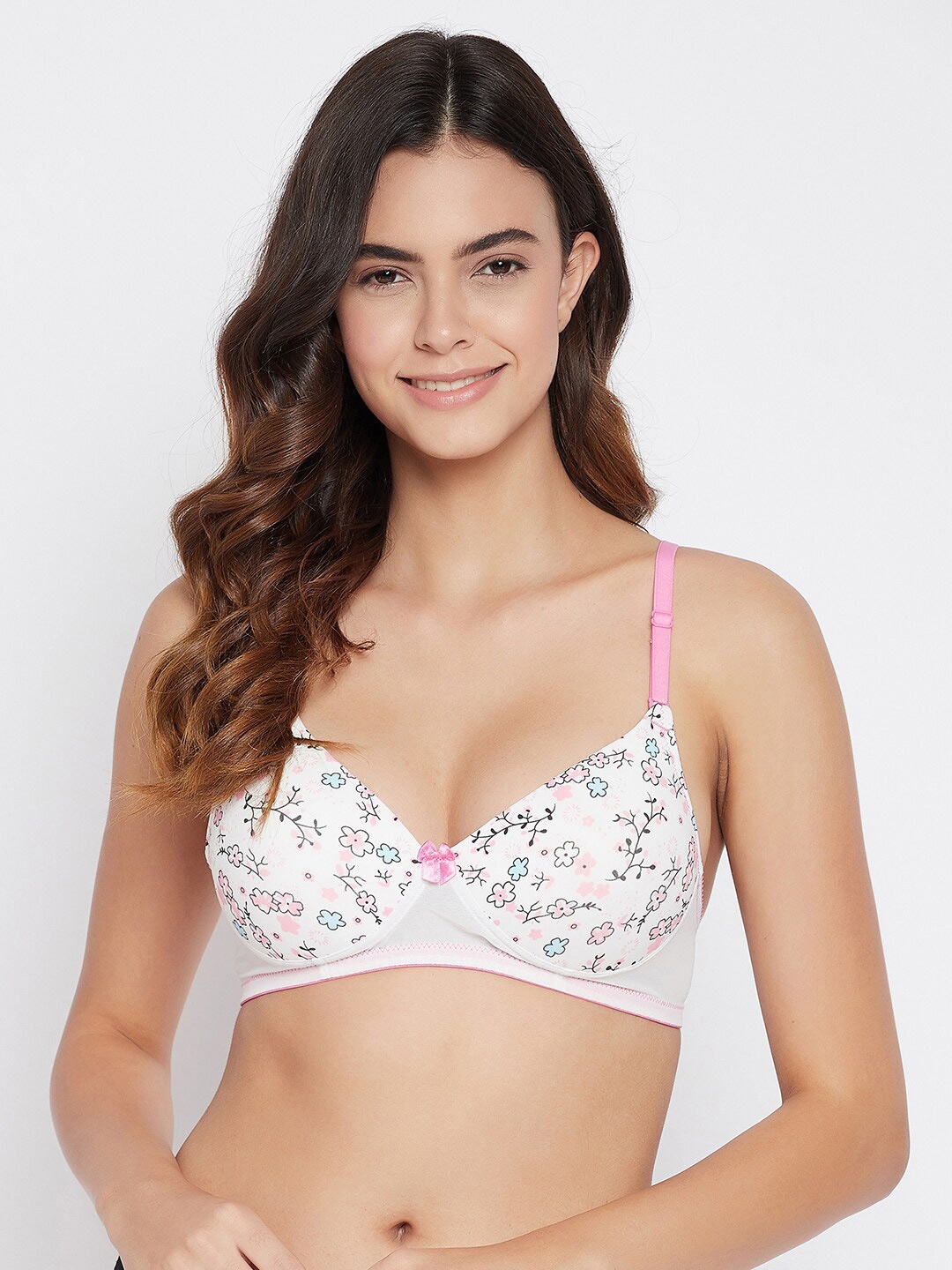 

Clovia White & Pink Floral Heavily Padded T-shirt Bra