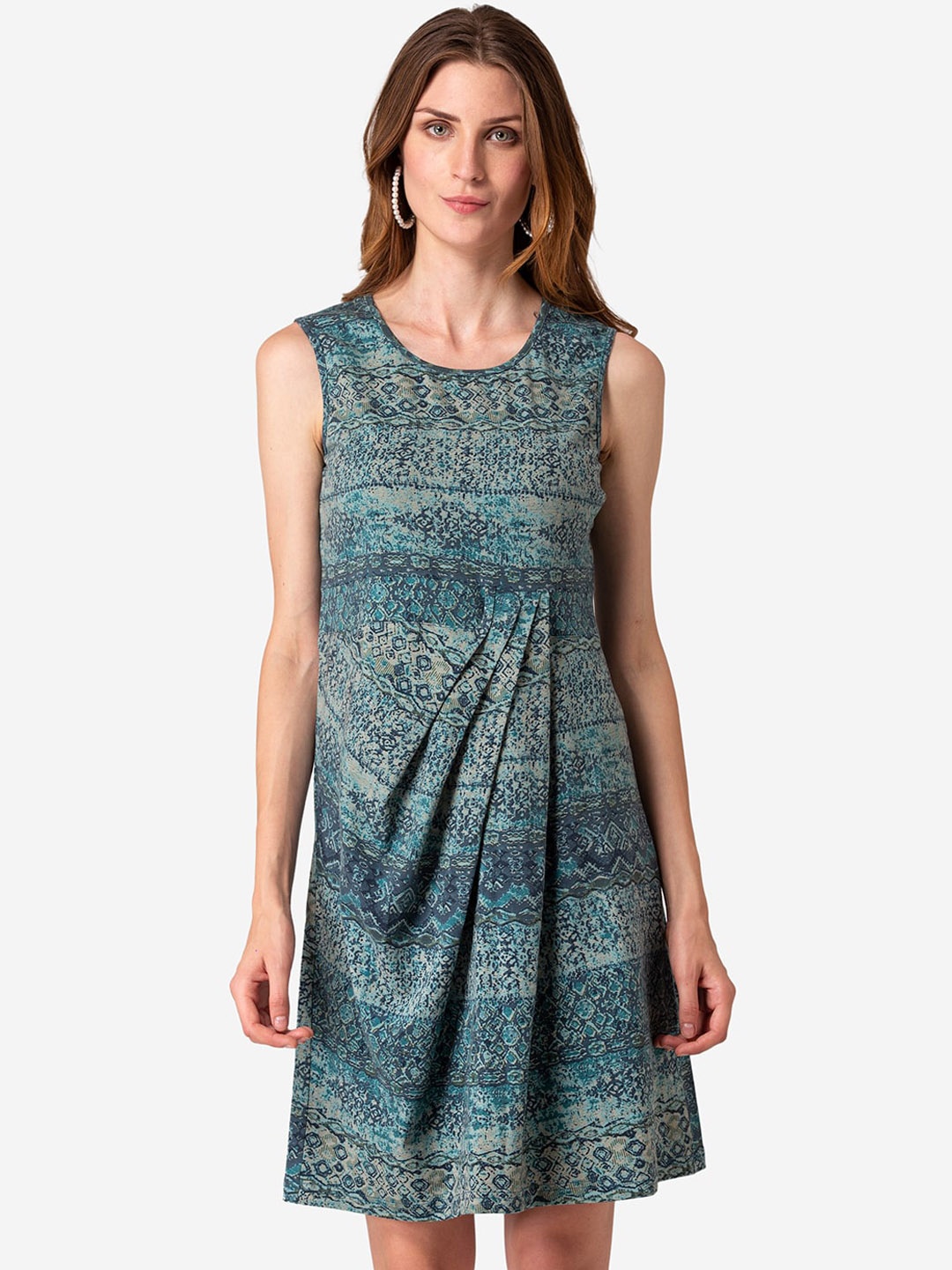 

Modriba Green Ethnic Motifs Printed Draped A-Line Dress