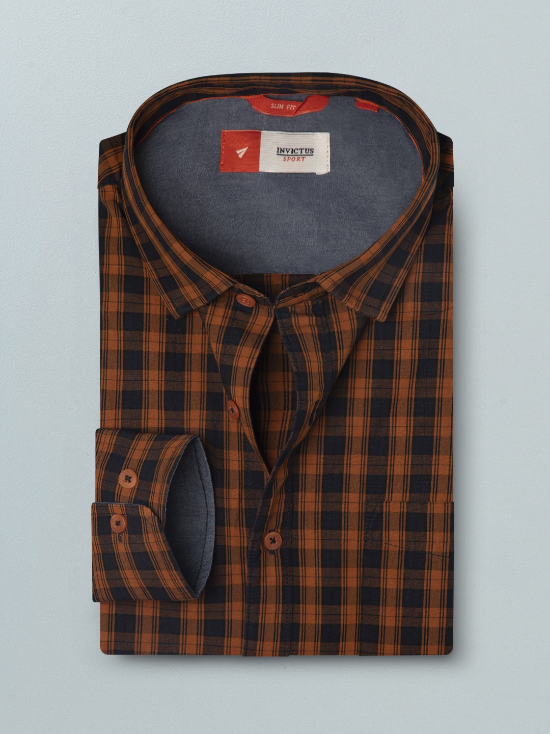 

INVICTUS Men Rust Orange & Navy Blue Checked Pure Cotton Slim Fit Shirt